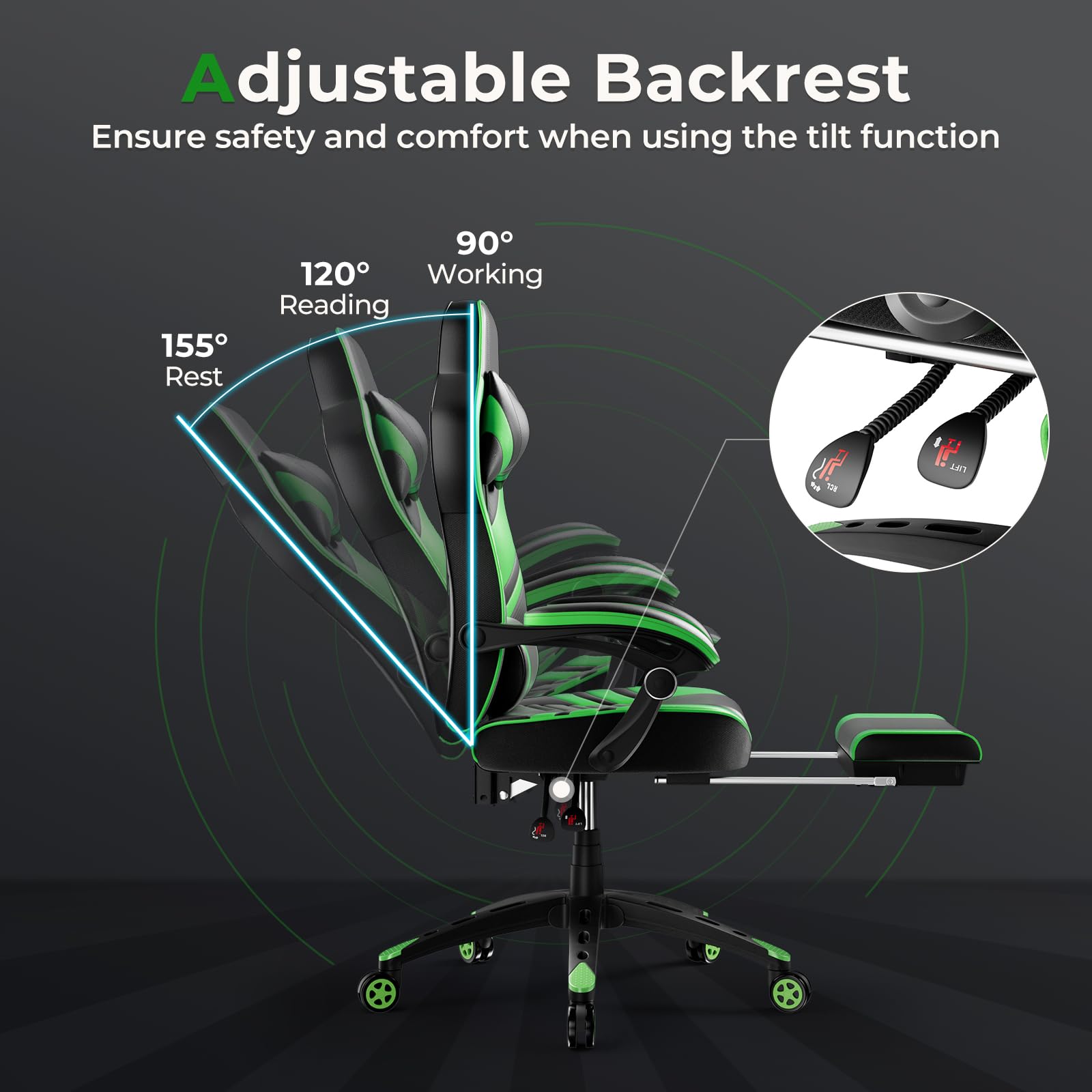 **POWERSTONE Gaming Chair - Ergonomic Racing Style PU Leather Computer Chair with Adjustable Lumbar Support & Footrest - Green - Perfect for Esports, Streaming & Office Work**