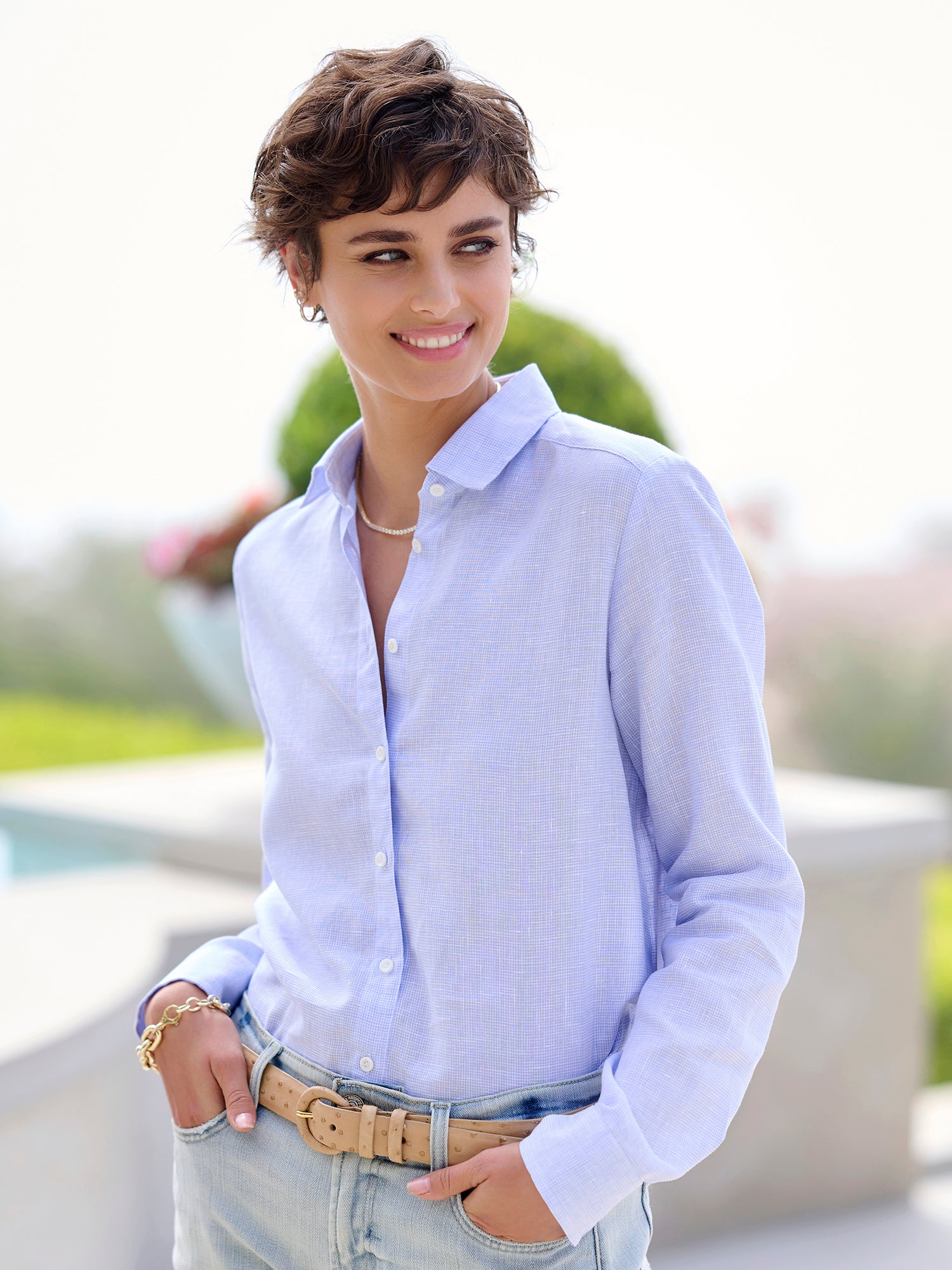 Adeline Check Linen Shirt for Women - Breathable Summer Casual Button Down Top for Office, Travel & Outdoor Activities