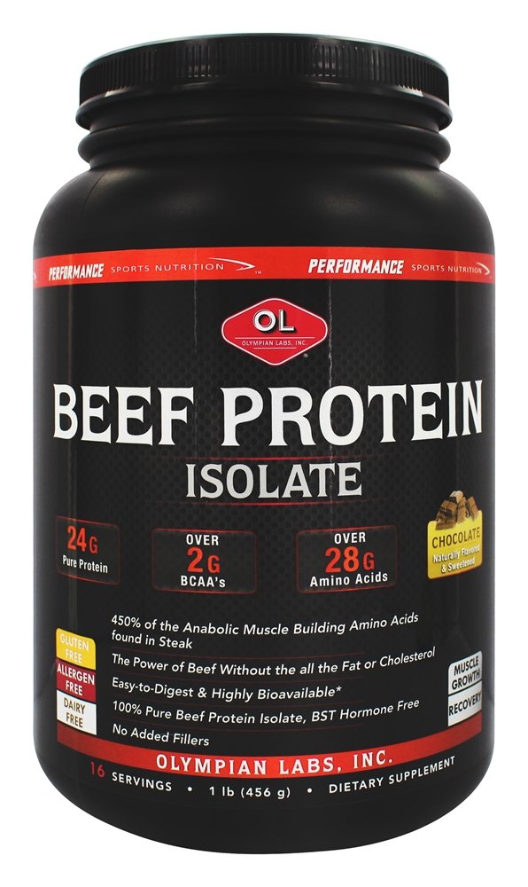Olympian Labs Beef Protein Isolate Powder - 24g Protein per Serving, BST Free, 2g BCAAs, Muscle Building Amino Acids, 1lb Chocolate Flavor - Ideal for Post-Workout Recovery & Fitness Enthusiasts