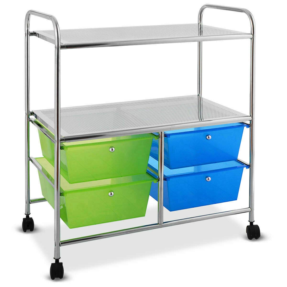 Blue Green 4-Drawer Rolling Storage Cart with 2 Open Shelves - Organize Towels, Toiletries, Books & Office Supplies - Perfect for Kitchen, Bathroom & Office Organization