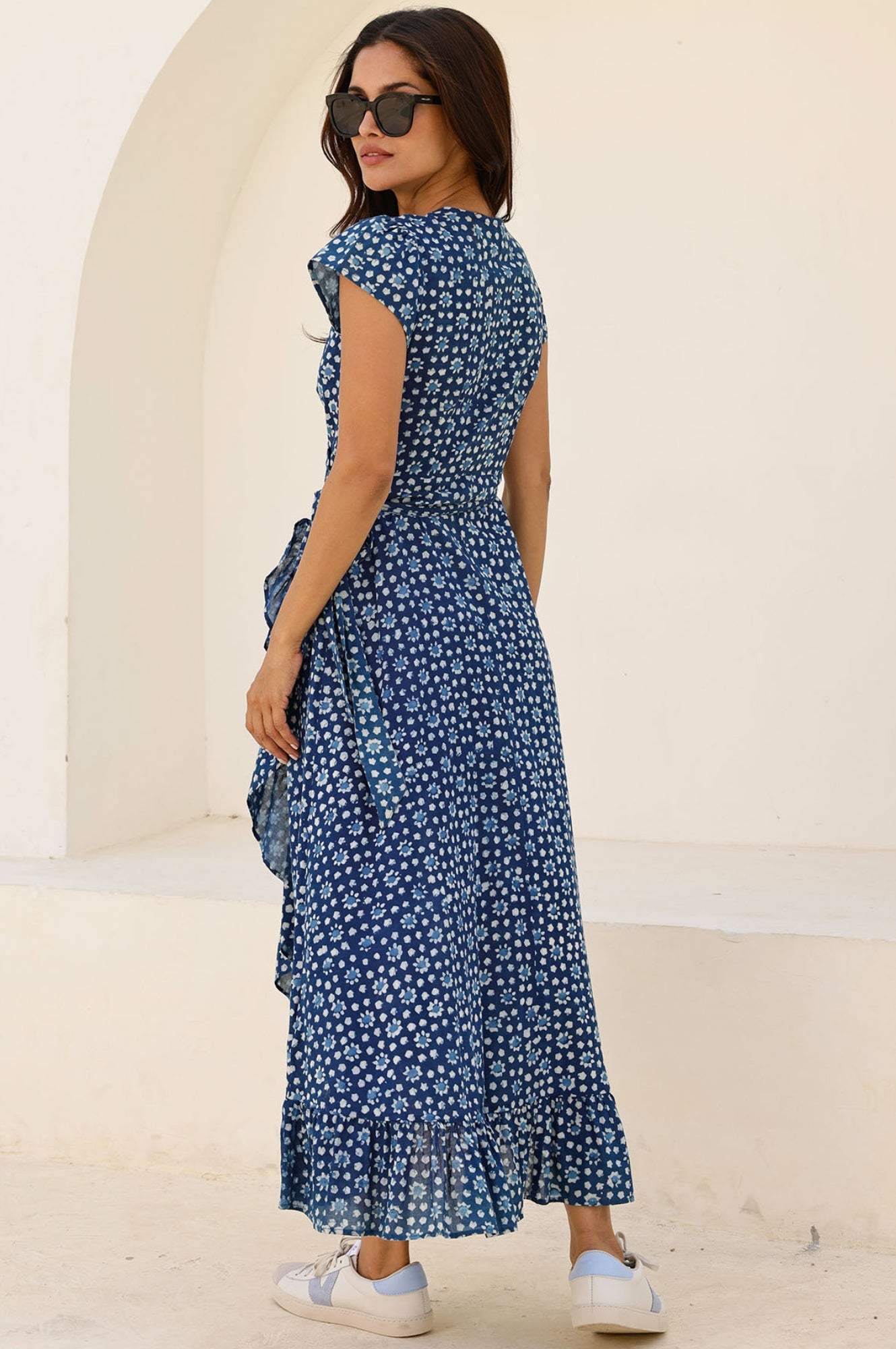 Demi Organic Cotton Wrap Dress for Women - Navy Blue Flowy Boho Maxi Dress for Beach, Vacation & Summer Outfits