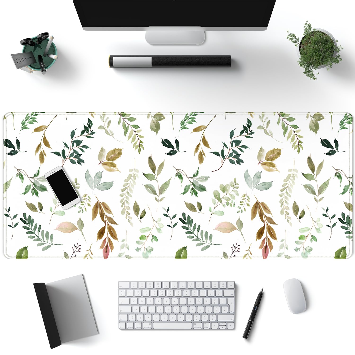 Minimalist Green Keyboard Pad with Nature Dot & Woodsy Leaves Design - Extra Large 31.5x11.8in Mouse Pad for Office, Gaming & Nursery Decor - Non-Slip Computer Laptop Desk Mat with Stitched Edges - Perfect for Workstations, Home Offices & Gaming Setups