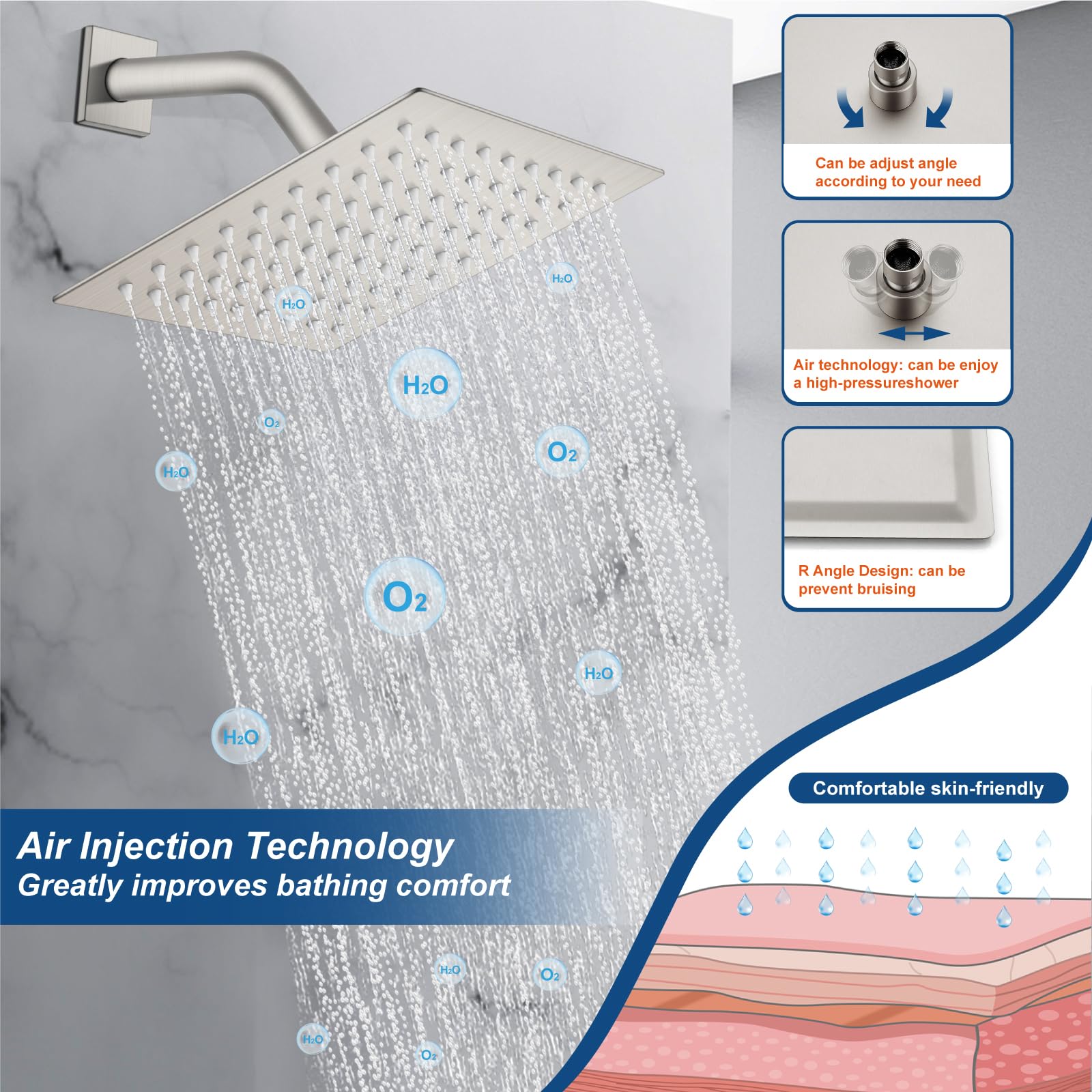 Midanya 8 Inch Brushed Nickel Rain Shower System - Square Rainfall Shower Head with Handheld Sprayer, Waterfall Tub Spout & Mixer Valve Combo for Bathroom Remodeling | Perfect for Spa-Like Showers and Relaxing Baths