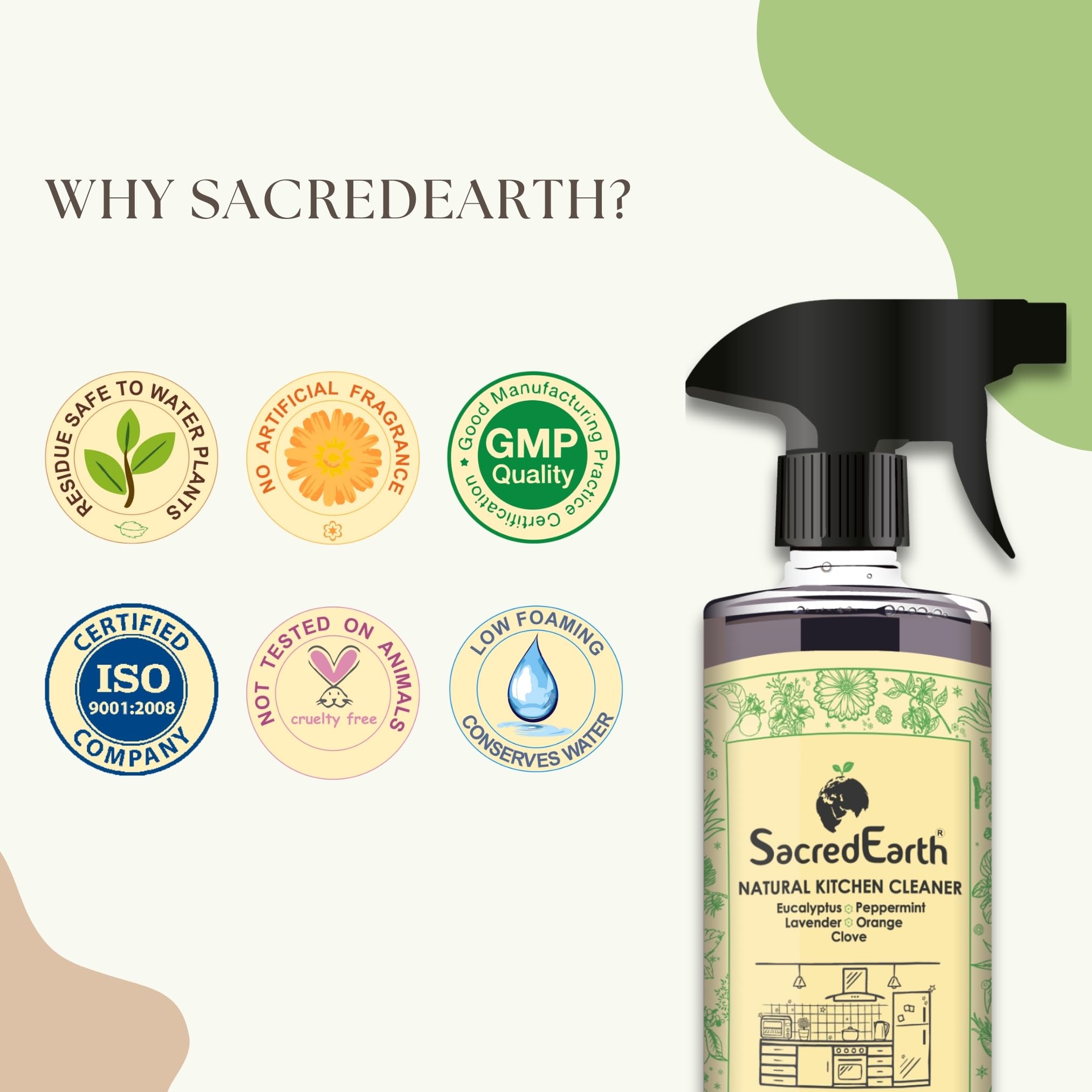 SacredEarth All-Natural Kitchen Cleaner with Orange, Lavender, Clove, Eucalyptus & Peppermint - 500ml Eco-Friendly Degreaser for Countertops, Stoves, Sinks & Appliances