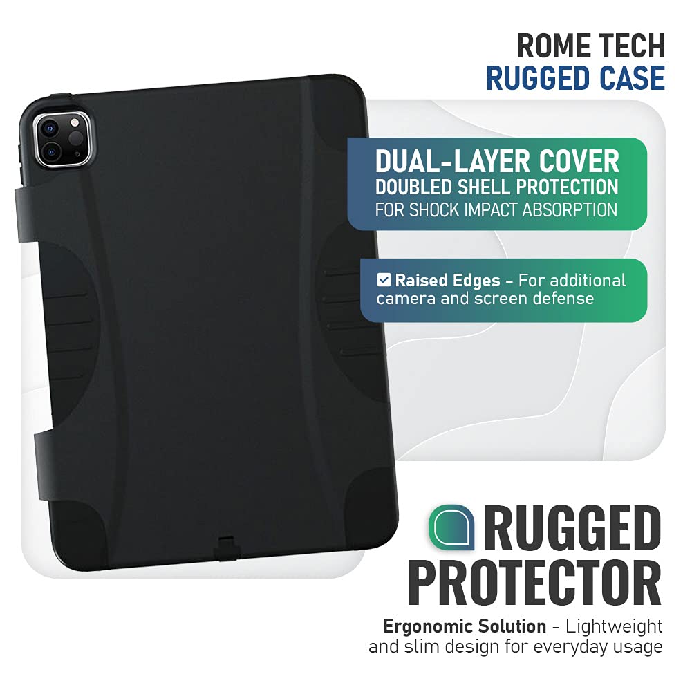 Rome Tech Rugged Case for 11-inch Apple iPad Pro 2020 (A2068 A2230 A2228 A2231) - Heavy Duty Shockproof Protective Cover for 2nd Gen iPad Pro 11 - Black - Perfect for Construction Sites, Outdoor Adventures & Daily Commute Protection