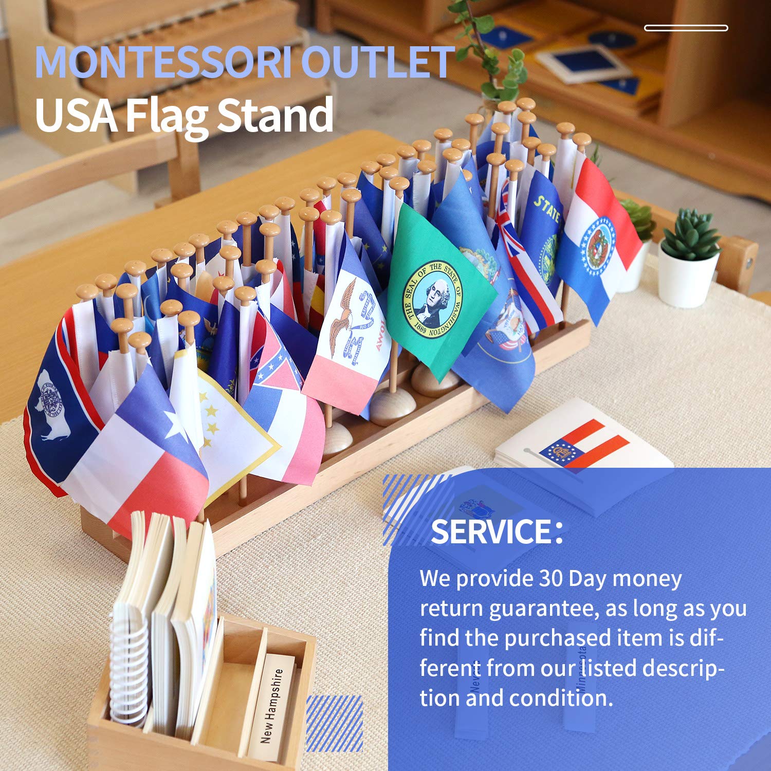 50 USA State Wooden Desk Flags on Stand - American Geography Educational Toys for Preschool, Homeschool & Kids - Perfect for Classroom Learning & Home Decor