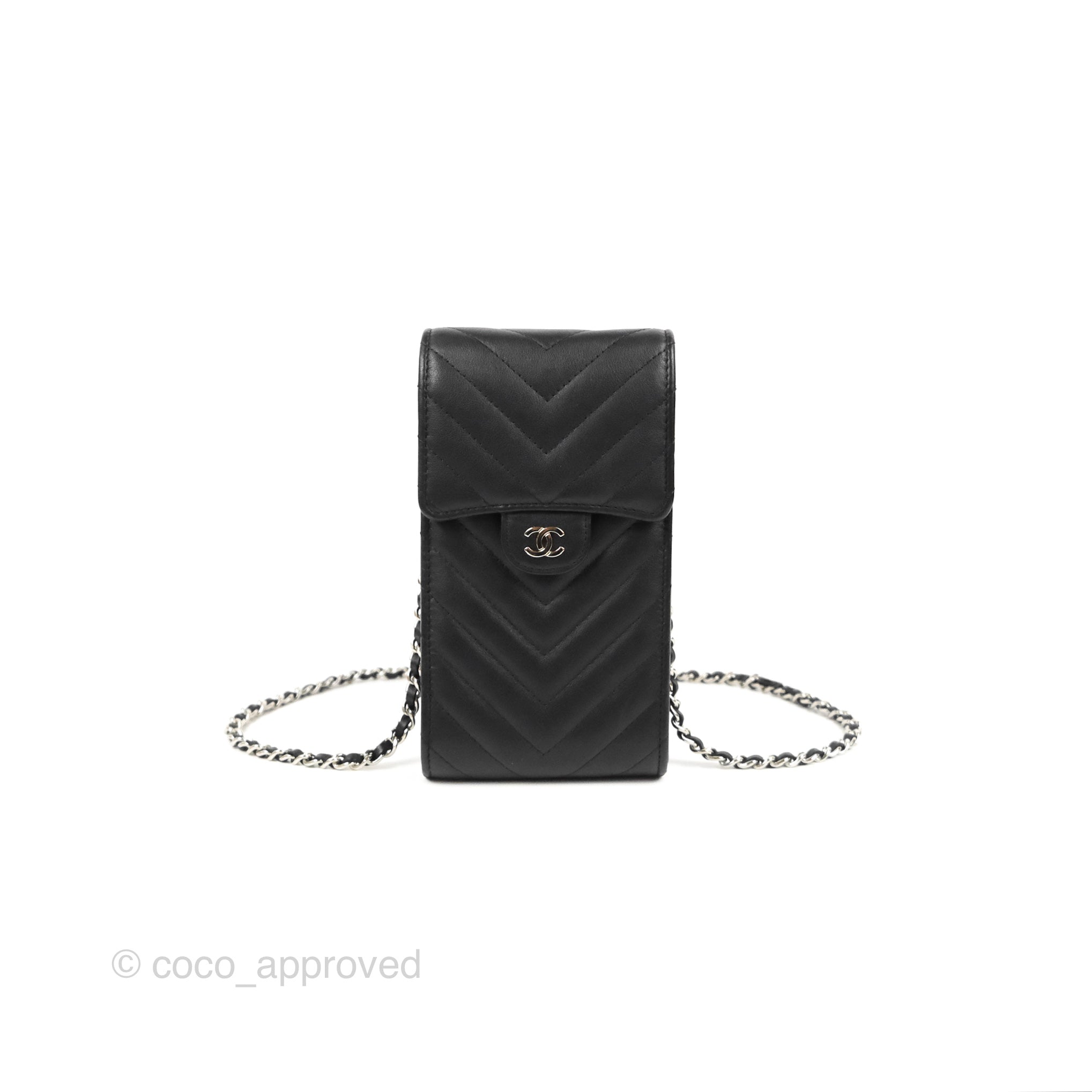 Chanel Classic Chevron Phone Holder - Black Calfskin with Silver Hardware | Luxury Phone Accessory for iPhone & Samsung | Perfect for Office, Travel & Daily Use