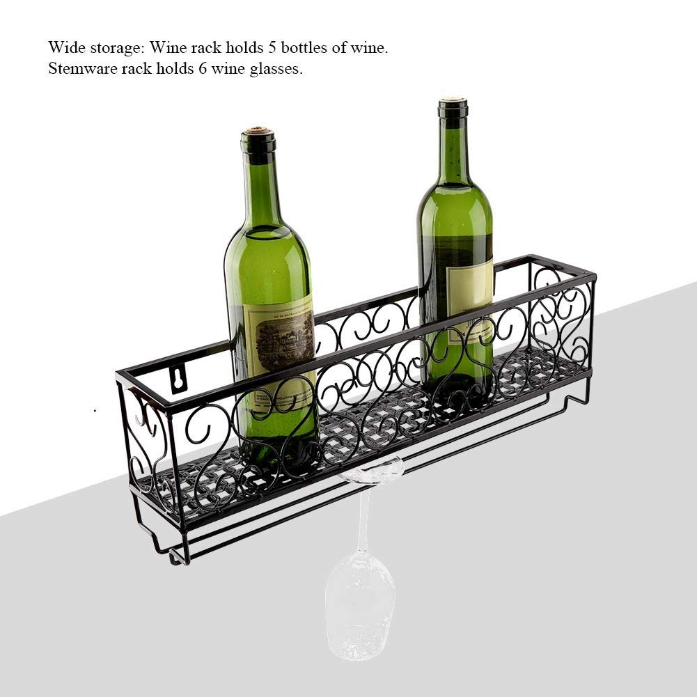 Wall Mounted Wine Rack with 6 Cork Wine Charms - 6 Bottle & Glass Holder for Kitchen, Bar, Dining Room - Space Saving Home Storage Solution for Champagne, Wine & Cocktail Glasses