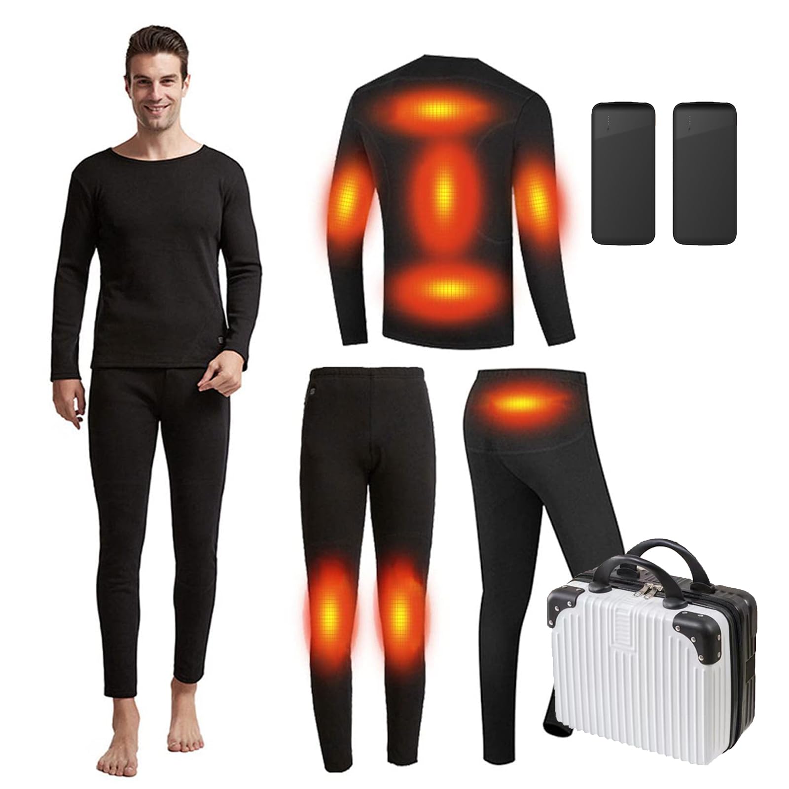 Electric Heated Thermal Underwear Set for Men - USB-Powered Long Johns with Built-in Power Bank | Winter Travel, Outdoor Work & Cold Weather Activities
