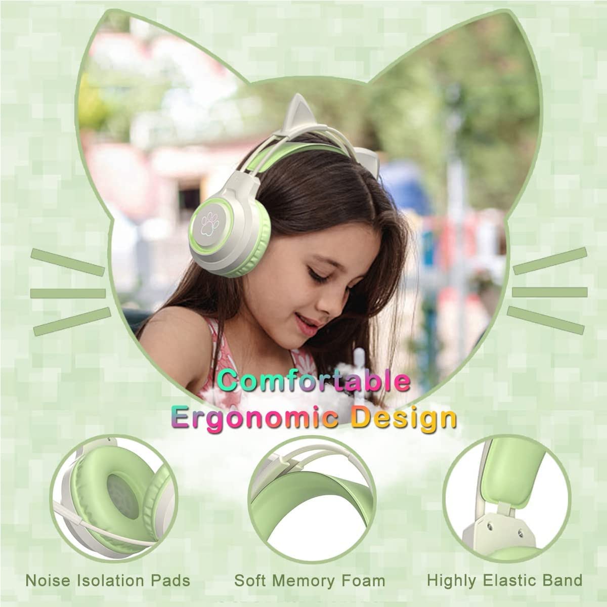 Wireless Gaming Headset with Detachable Cat Ears - 3.5mm Wired RGB Headphones with Adjustable Mic, Memory Foam Ear Cushions & Noise Cancelling for Xbox, PS5, Switch, PC, Mac, Mobile - Perfect for Streaming, Esports & Late-Night Gaming (Pink)