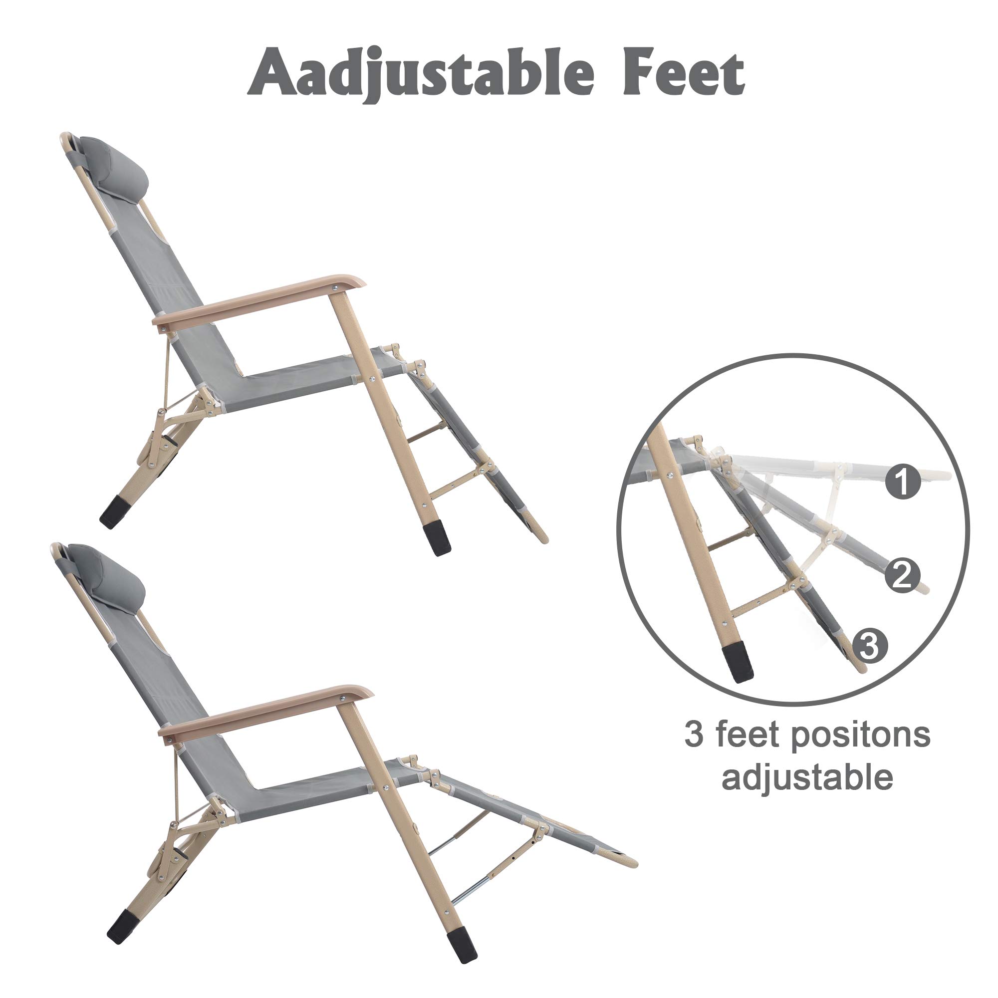 LUCKYERMORE 2-Pack Heavy Duty Folding Lounge Chairs with Full Flat Cot - 2-Position Reclining Outdoor Chairs for Beach, Pool, Camping & Patio - Gray (70”L x 20.5”W) - Perfect for Relaxing, Sunbathing & Backyard Lounging