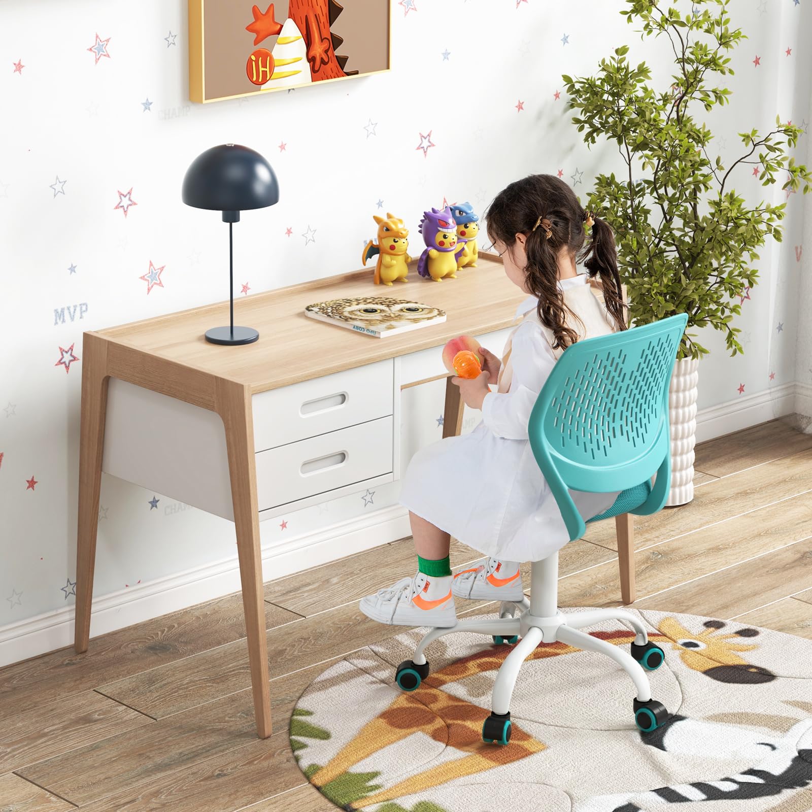 Powerstone Adjustable Swivel Office Chair - Compact Armless Desk Chair for Small Spaces, Home & Workspace - Ergonomic Writing Task Chair in Turquoise - Perfect for Home Office, Study & Workspaces