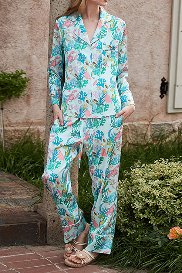 Underwater World Printed Long Sleeve Two Piece Pajama Set for Women - Soft Cotton Sleepwear for Home, Lounge & Relaxation