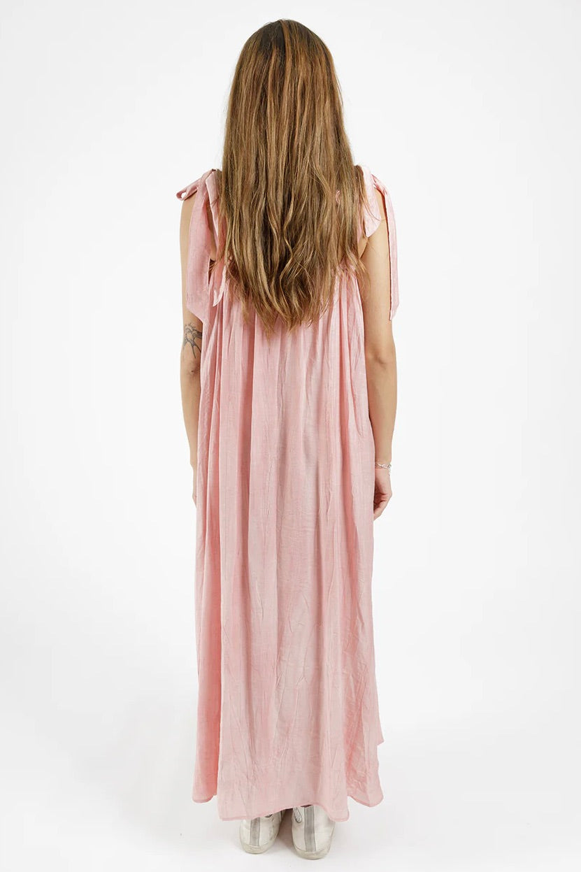 Bowie Pink Tie Shoulder Maxi Dress for Women - Elegant Long Sleeve Party Gown for Evening Events, Weddings & Special Occasions