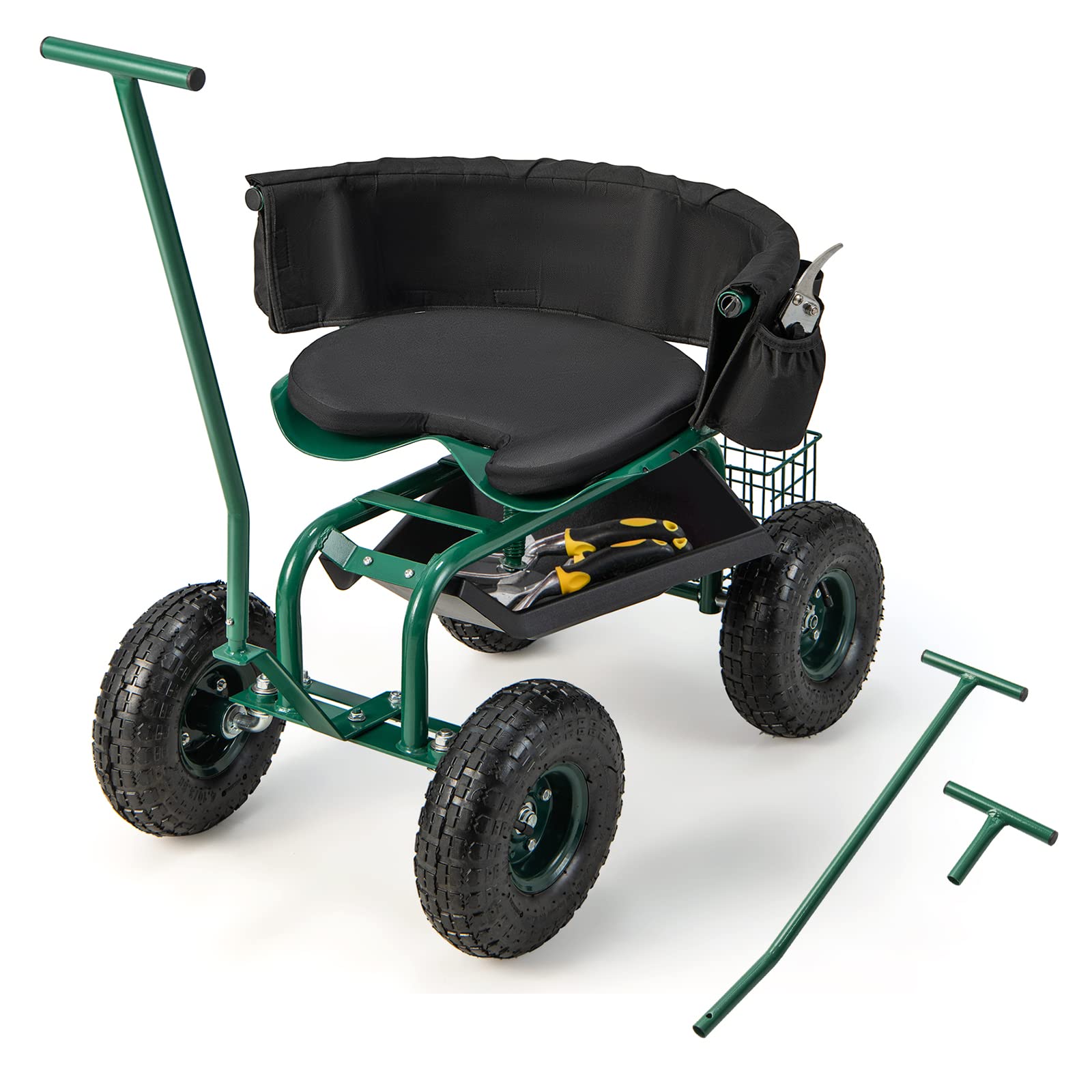 Giantex Heavy Duty Garden Cart with 4 Wheels - Adjustable Height Rolling Work Seat with Tool Tray, Removable Cushion & Storage Basket - 360° Swivel Gardening Stool for Lawn, Yard, Patio & Outdoor Work - Perfect for Planting, Weeding & Landscaping Tasks