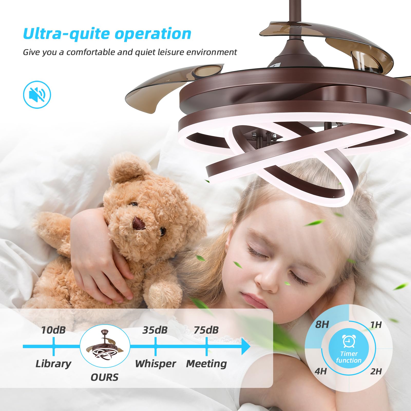 42 Inch Retractable Ceiling Fan with Light - Dimmable Fandelier, Silent DC Motor, 6 Speed Settings, Brown Chandelier Style - Perfect for Bedroom, Living Room, Kitchen, Kids Room & Patio | Energy-Efficient Home Cooling & Decorative Lighting Solution