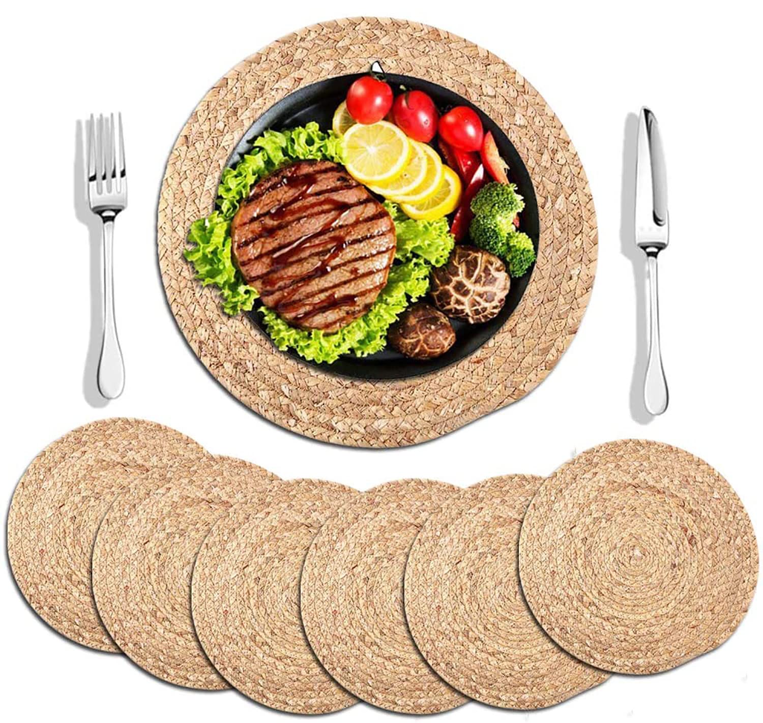 6 Pack Round Woven Placemats - 13 Inch Natural Wicker & Water Hyacinth Braided Table Mats - Rustic Rattan Charger Plates for Dining Table, Kitchen, and Outdoor Picnic Decor