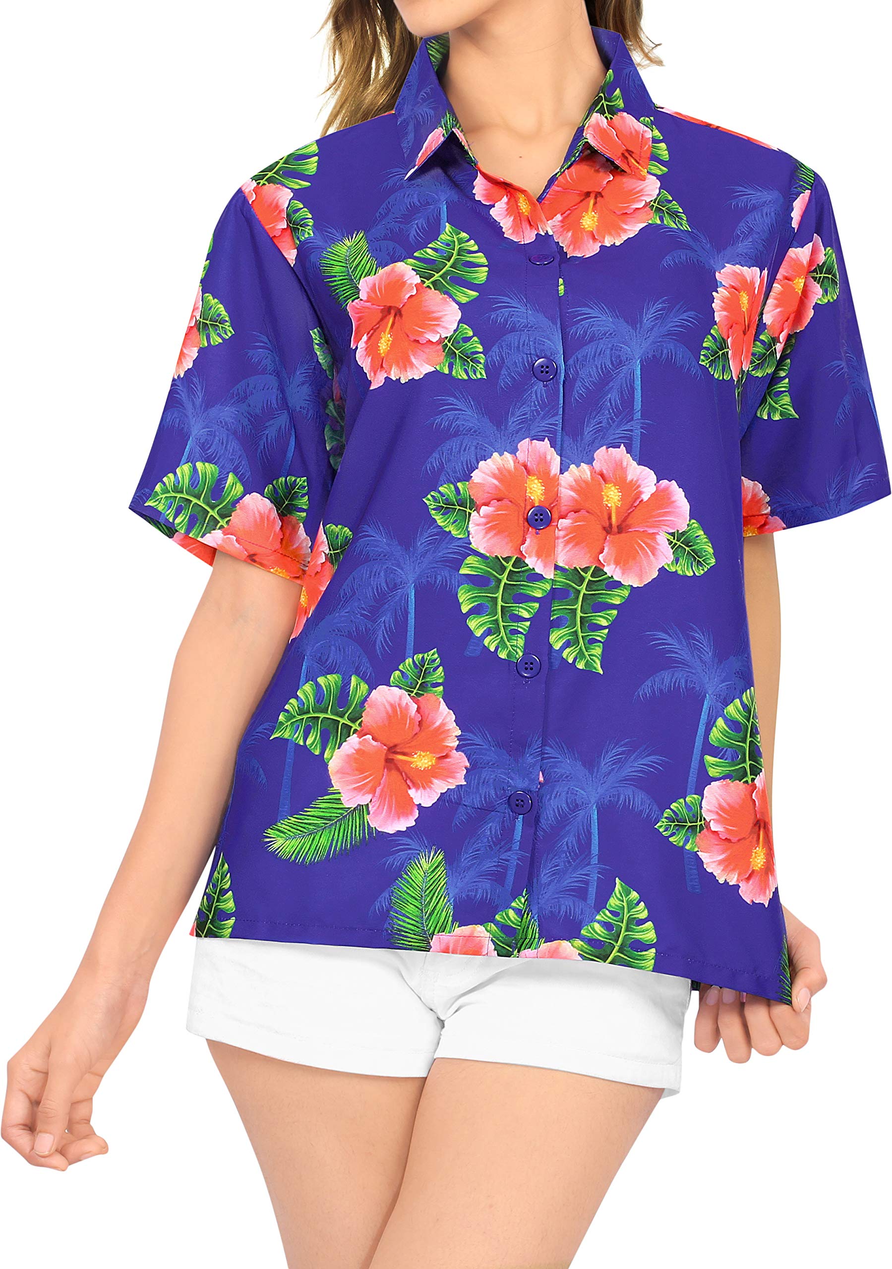 Happy Bay Women's Hawaiian Short Sleeve Beach Blouse Shirt - Floral Print Vacation Top for Summer, Pool Party & Tropical Getaways