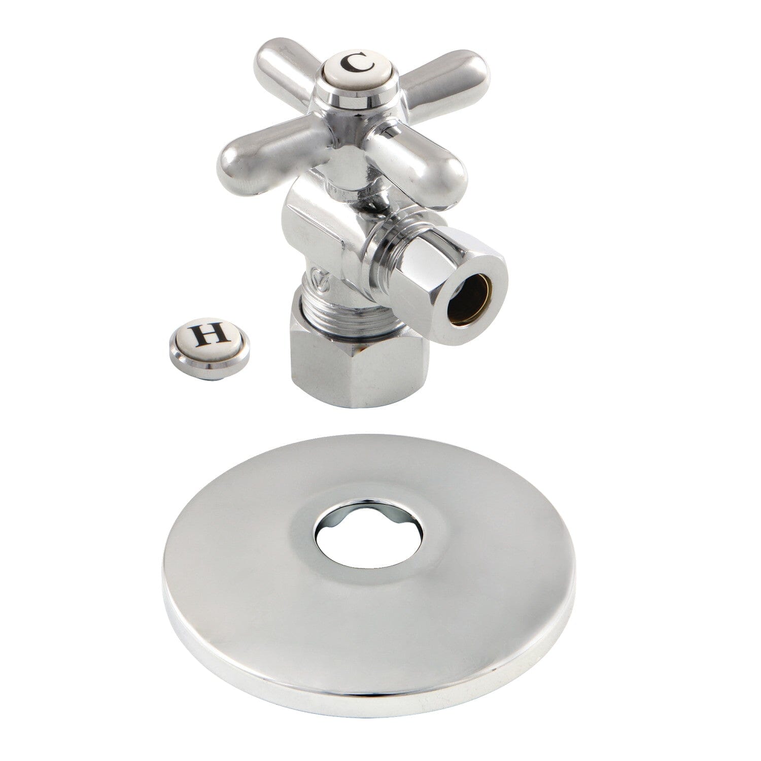 5/8 Inch O.D. Comp x 3/8 Inch O.D. Comp Quarter Turn Angle Shut Off Valve with Flange - Brass Water Supply Valve for Refrigerator, Ice Maker, and Plumbing Systems