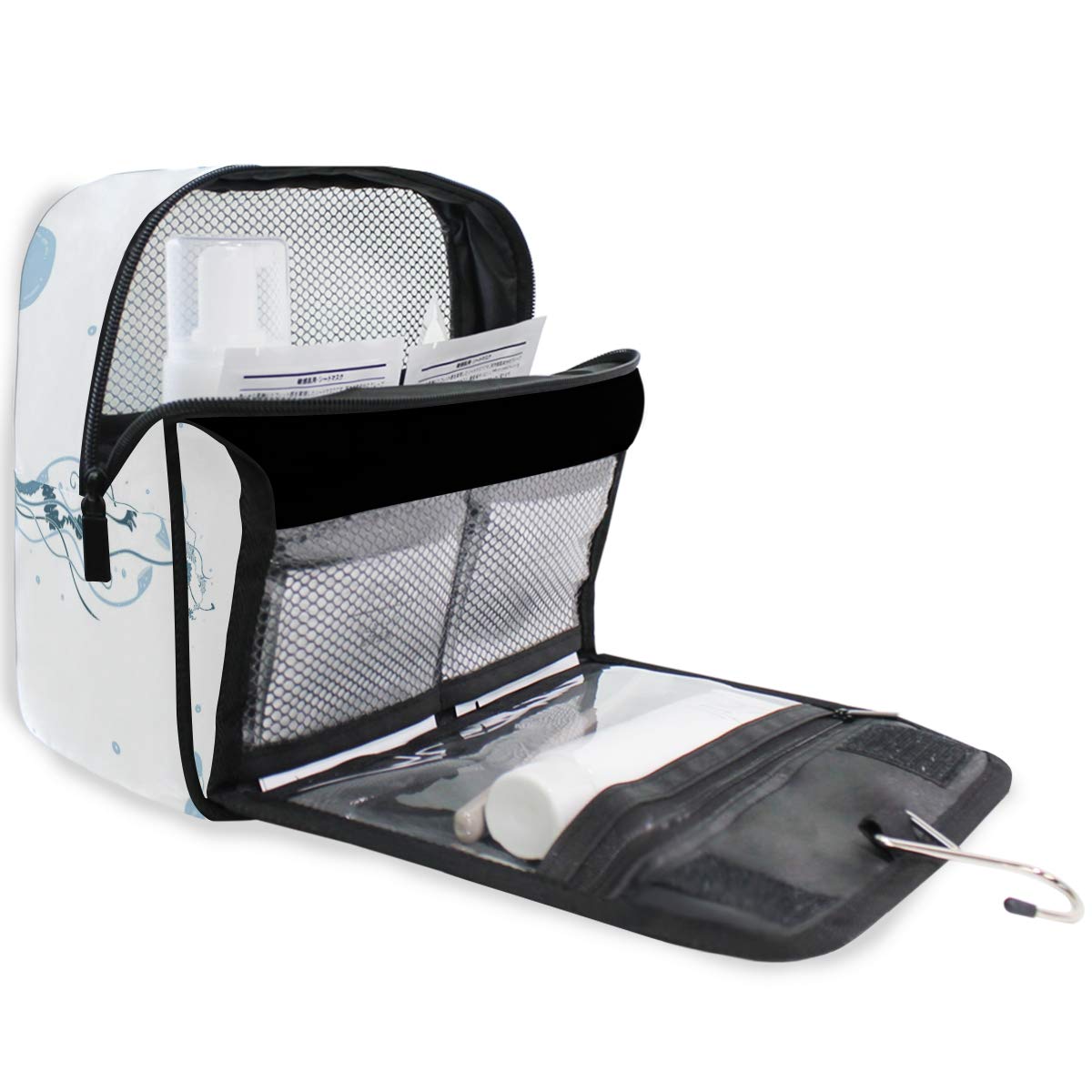 MOYYO Travel Hanging Toiletry Bag - Waterproof Cosmetic Organizer for Women | Portable Makeup Pouch with Blue Jellyfish Design | Perfect for Shower, Gym, Vacation & Daily Use