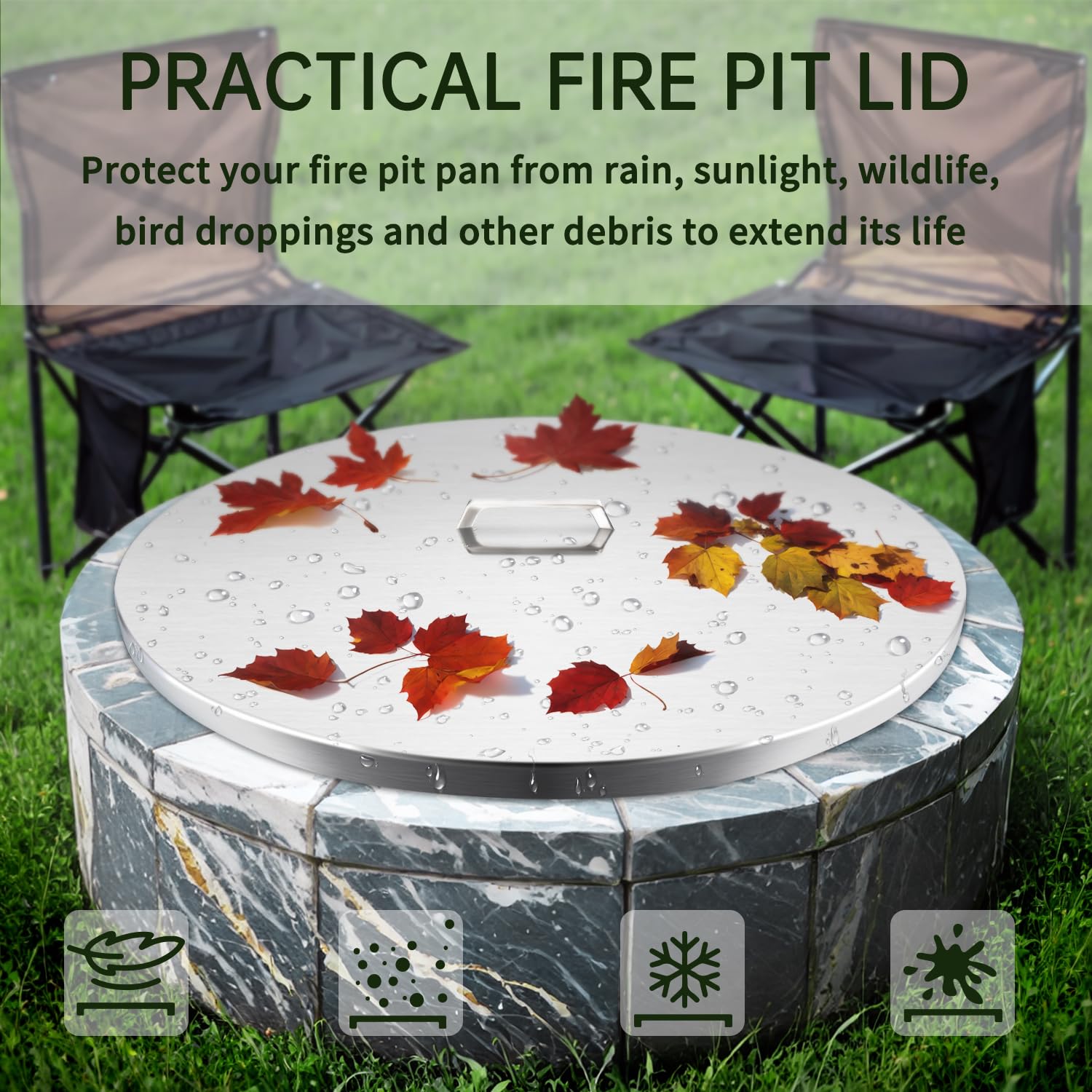 34 Inch Fire Pit Cover - Heavy-Duty 304 Stainless Steel Round Fire Pit Lid for 30/31 Inch Flat & Drop-In Burner Pans | Weatherproof Outdoor Protection for Patio, Backyard, Camping & Deck Use