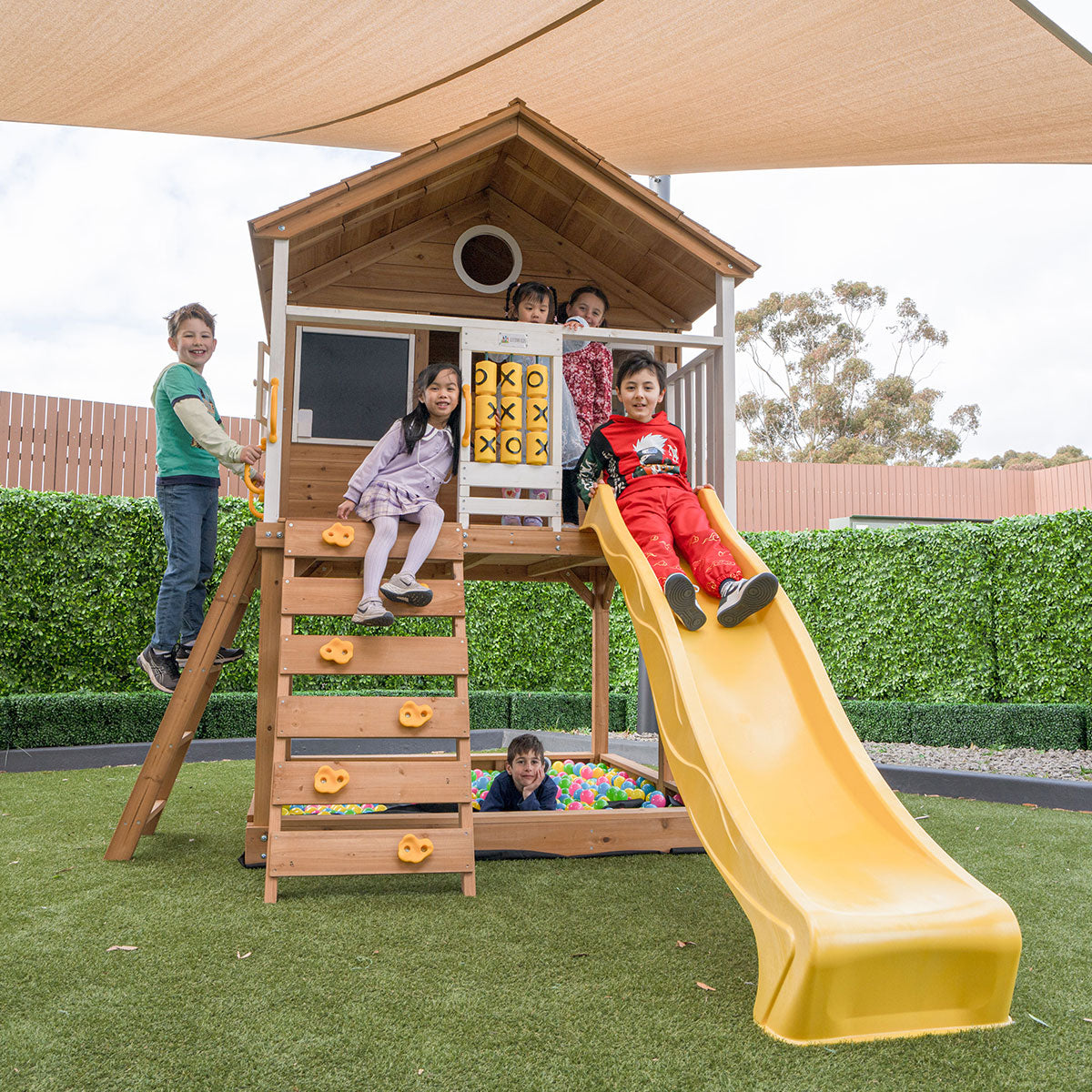 Warrigal Wooden Cubby House with Yellow Slide - Kids Outdoor Playhouse for Backyard Fun & Imaginative Play