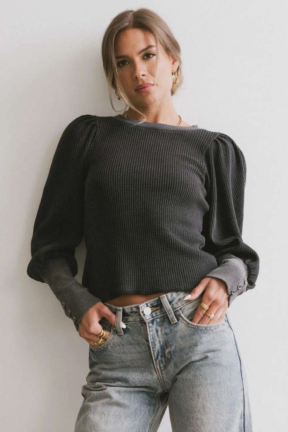 Lettie Waffle Knit Top Women's Long Sleeve Shirt - Soft Black Thermal Sweater for Fall & Winter | Casual Outfits, Layering, Office Wear