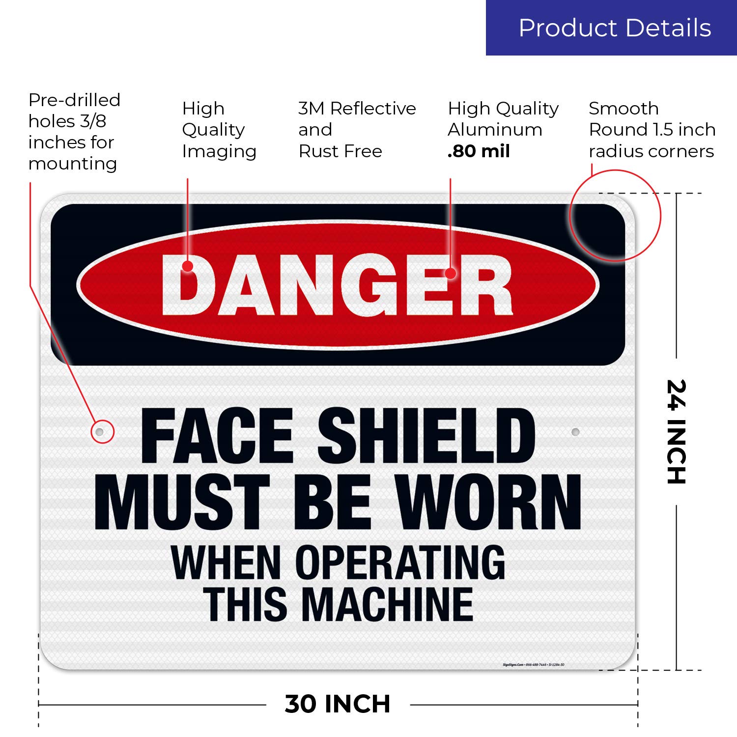 OSHA Danger Sign - Face Shield Must Be Worn When Operating Machine | 24x30 Inches | 3M EGP Reflective .080 Aluminum | Fade Resistant | Indoor/Outdoor Safety Sign | Made in USA | Perfect for Construction Sites, Factories & Industrial Workplaces