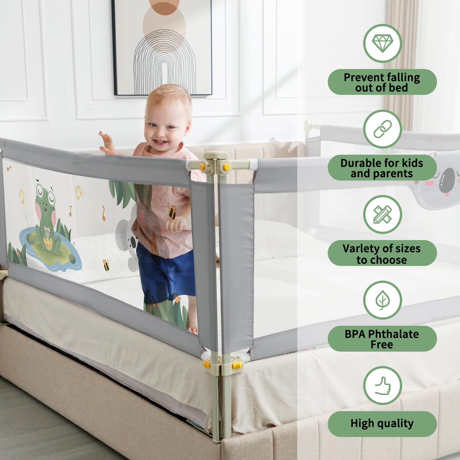 3-in-1 Adjustable Baby Bed Rail for Toddlers - Foldable Bed Guardrail with 25 Height Levels (Fits 2