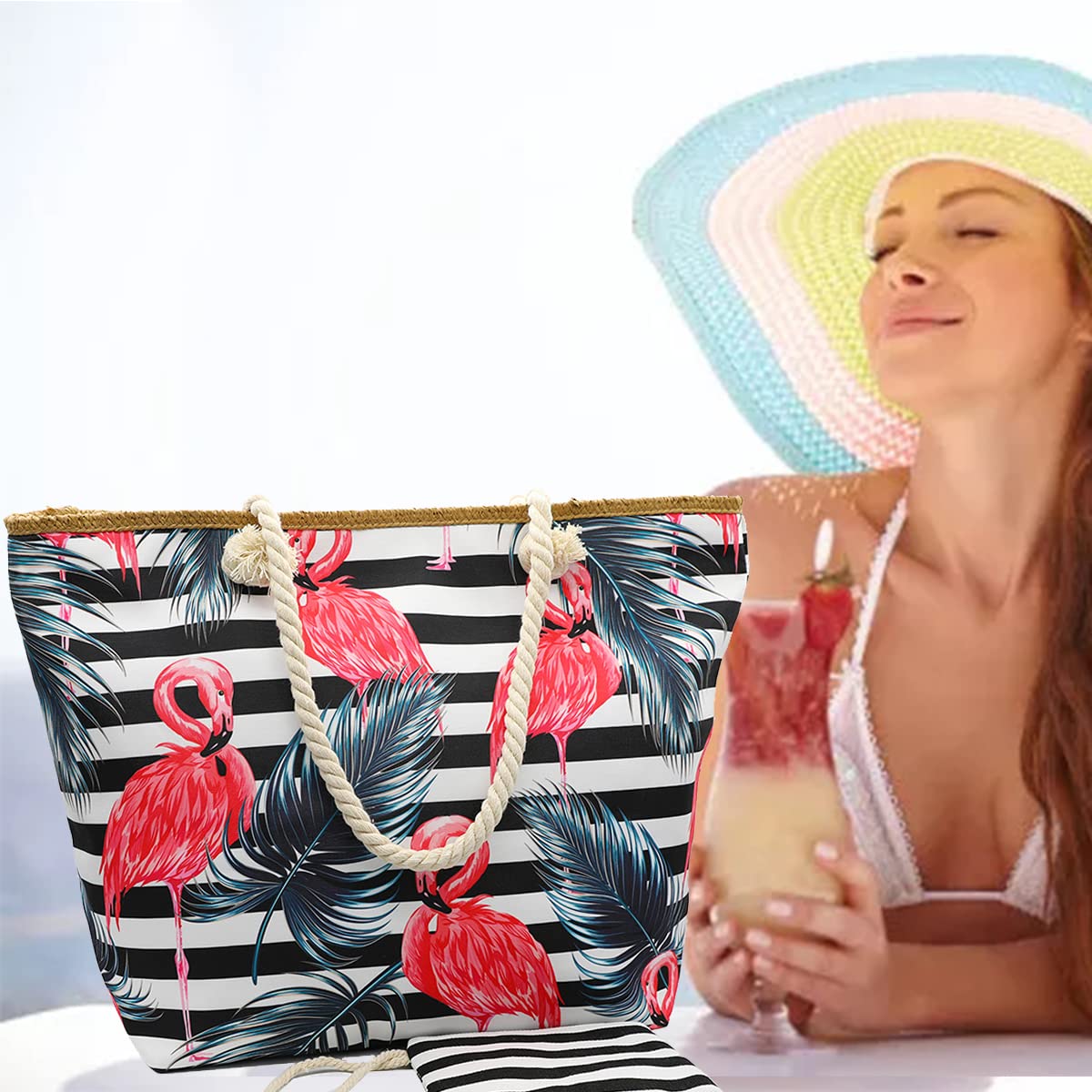 Straw Beach Tote Bag for Women with Zipper - Gym, Pool & Travel