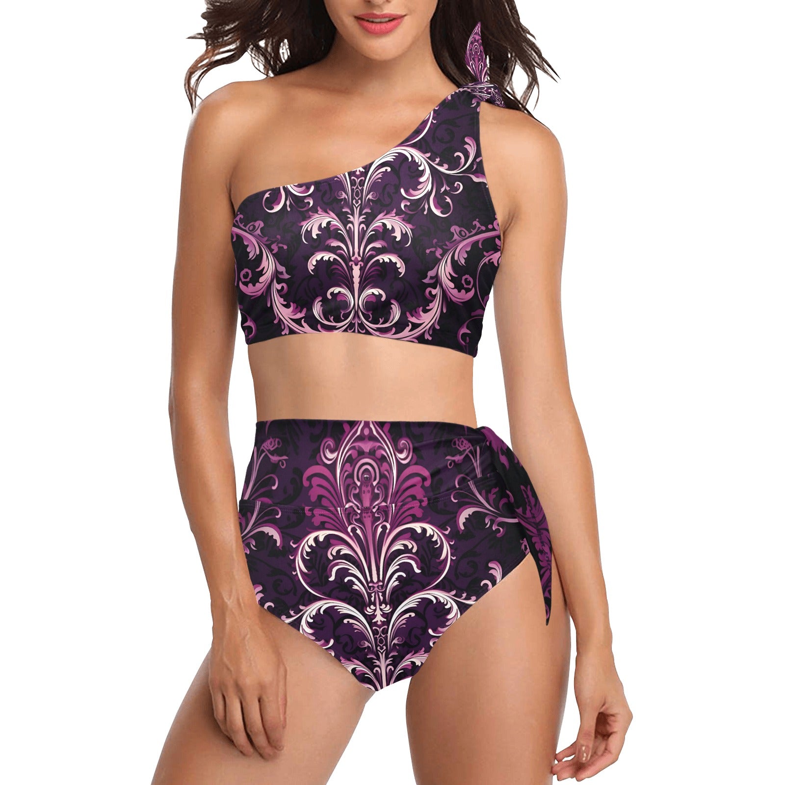 Gothic Purple High Waisted One Shoulder Bikini Set - Sexy Swimwear for Women, Gothic Beachwear, Unique One Piece Bathing Suit for Pool Party, Summer Vacation & Photo Shoots