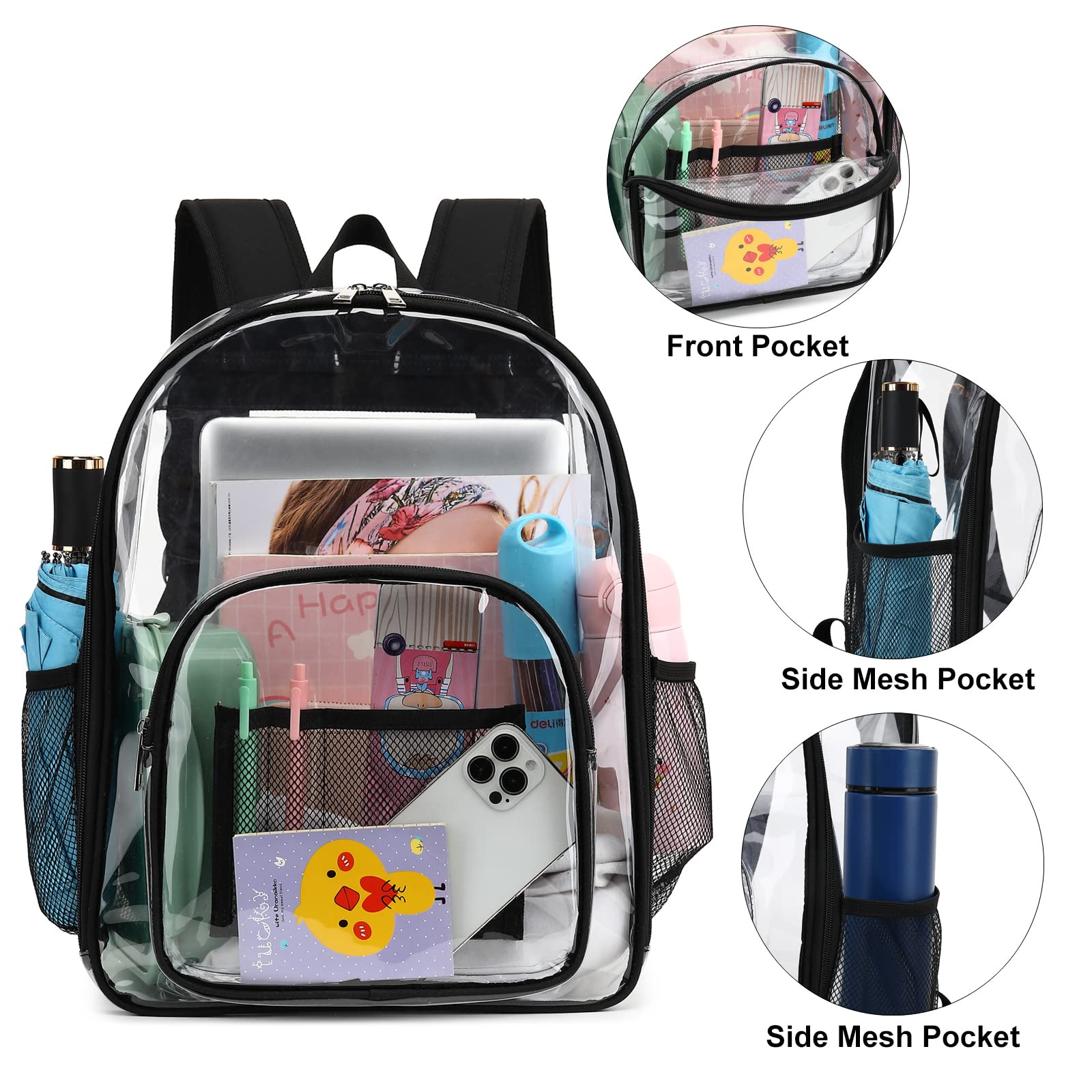 Heavy Duty Clear PVC Transparent Backpack for Men & Women - Durable See-Through School Bookbag for Teen Boys & Girls (Black) - Perfect for School, Travel, Work & Security Checkpoints