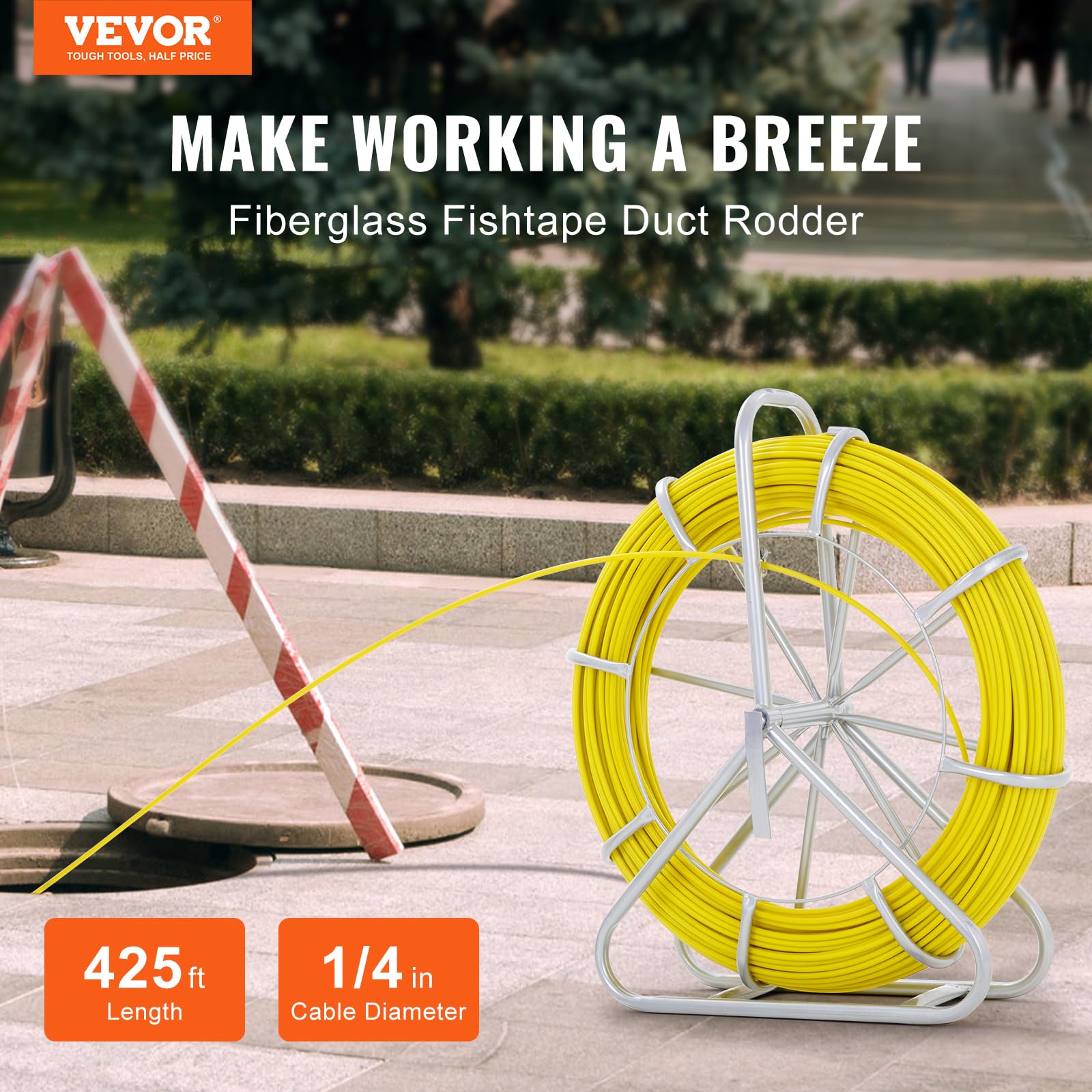 VEVOR 425ft Fiberglass Fish Tape, 1/4 Inch Electrical Wire Puller with Steel Reel Stand - 6mm x 130m Cable Running Rod for Conduit & Duct Work | Ideal for Electricians & DIY Home Wiring Projects