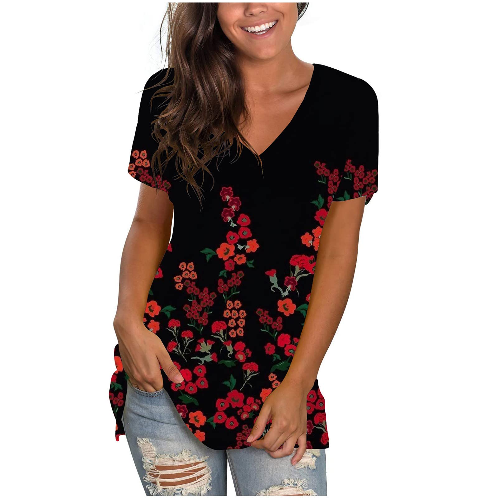 Women's Summer Casual V-Neck Short Sleeve T-Shirts - Elegant Floral Print Blouse, Lightweight Flowy Tee for Beach, Vacation & Everyday Wear