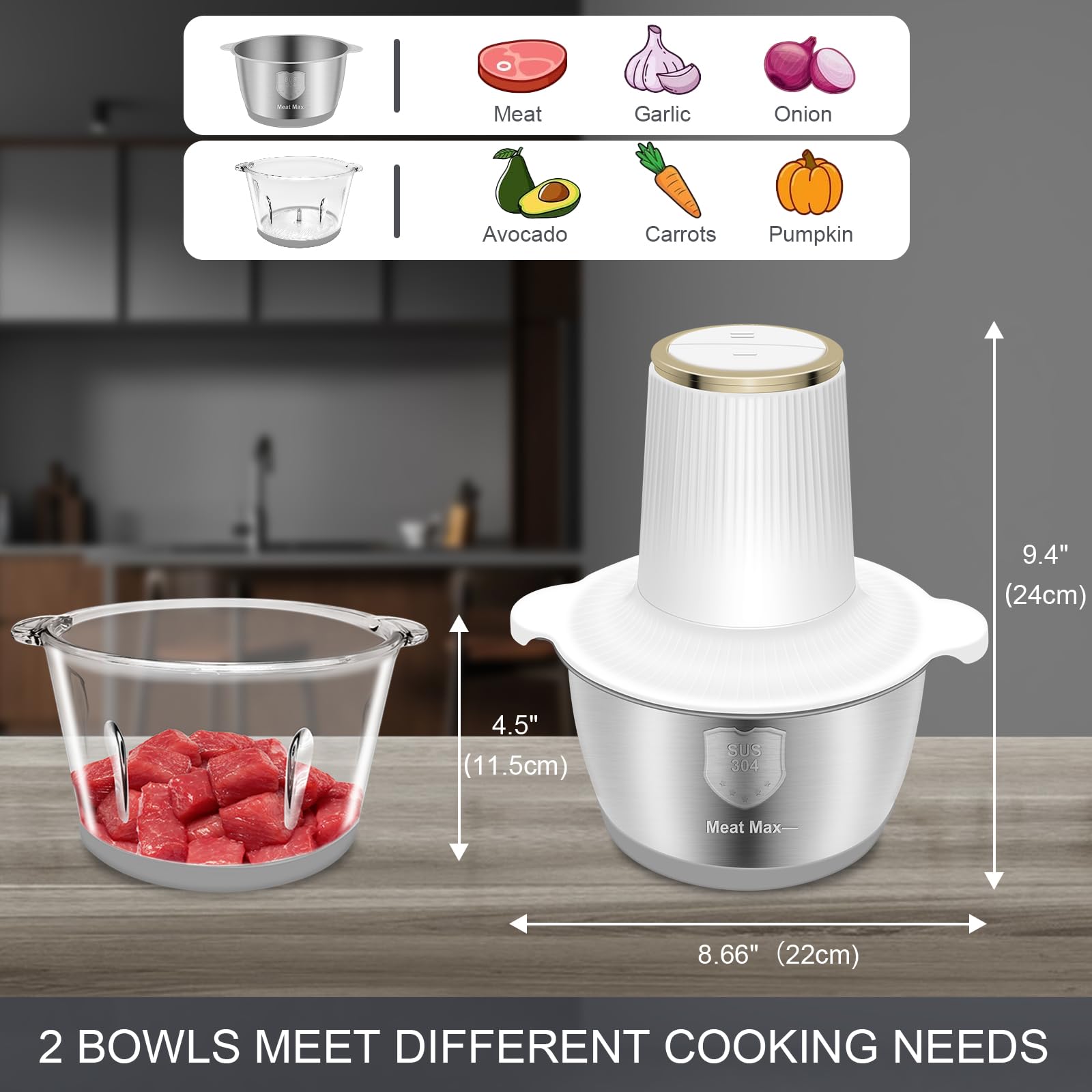300W Electric Food Processor & Meat Grinder - 2 Speeds, 2 Bowls (8 Cup Each), 4 Bi-Level Blades - Perfect for Chopping Vegetables, Onion, Garlic, Meat, Nuts & Making Baby Food - Compact Kitchen Appliance for Everyday Cooking & Meal Prep (White, 2L Capacity)