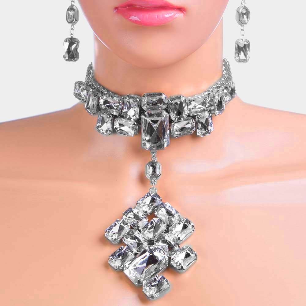 Silver Chunky Rectangle Cluster Choker Necklace for Women - Trendy Layered Statement Jewelry for Party, Wedding & Everyday Wear
