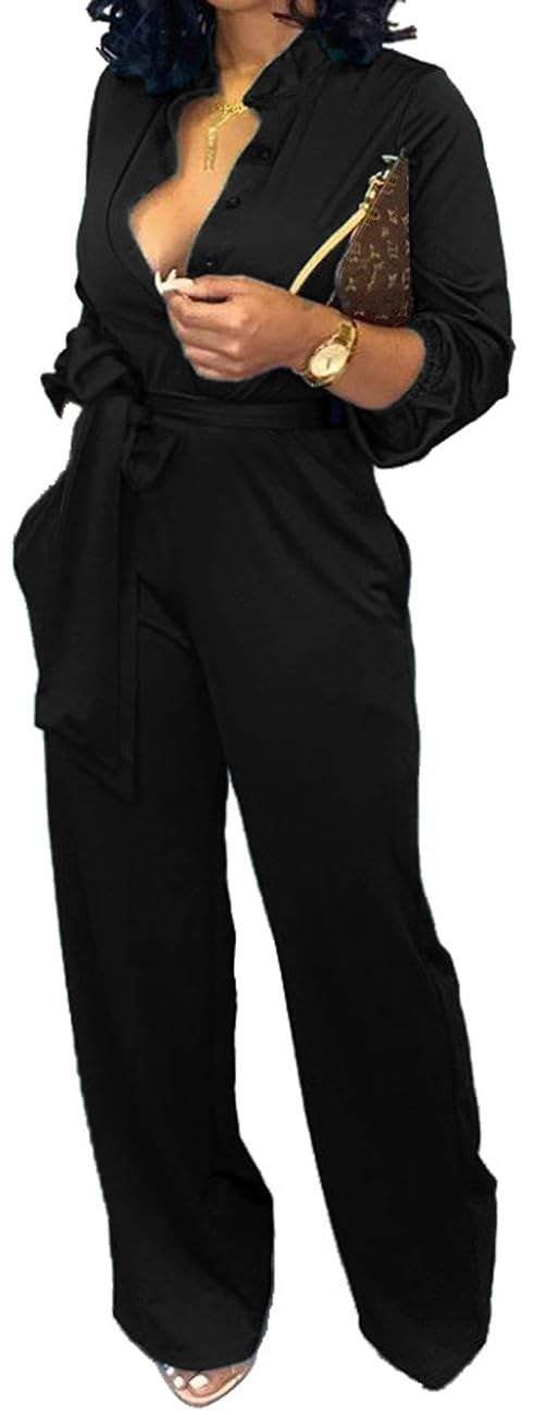 Elegant Women's V-Neck Long Sleeve Jumpsuit with Wide Leg Pants, Belt & Pockets - Perfect for Work, Office & Casual Wear