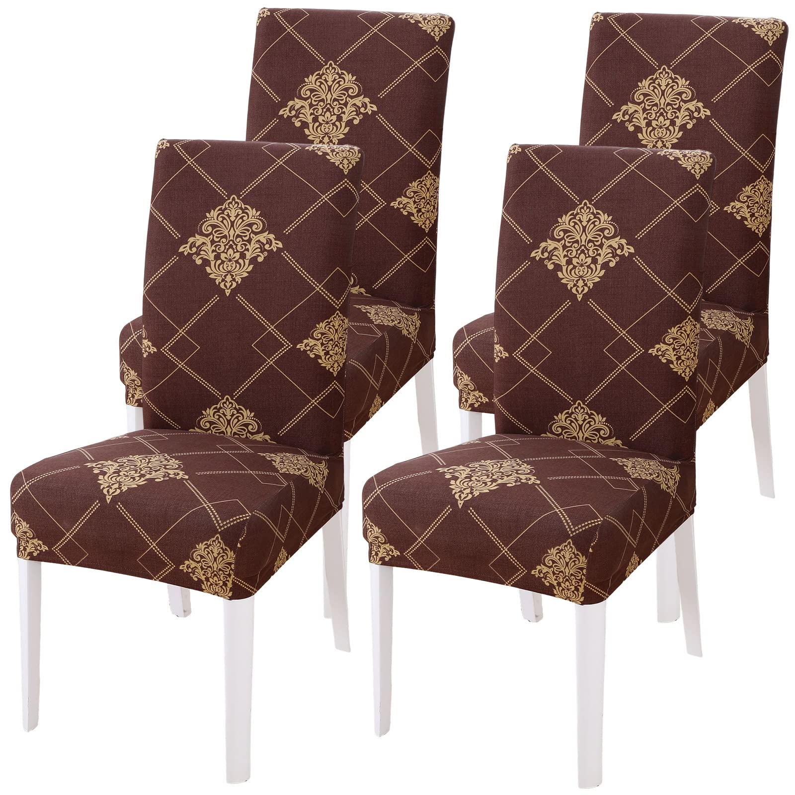 4-Pack Stretch Parsons Chair Slipcovers - Washable Spandex Dining Chair Protectors for Hotel, Office, Wedding & Events (Brown/Gold) | Perfect for Banquets, Ceremonies & Home Decor