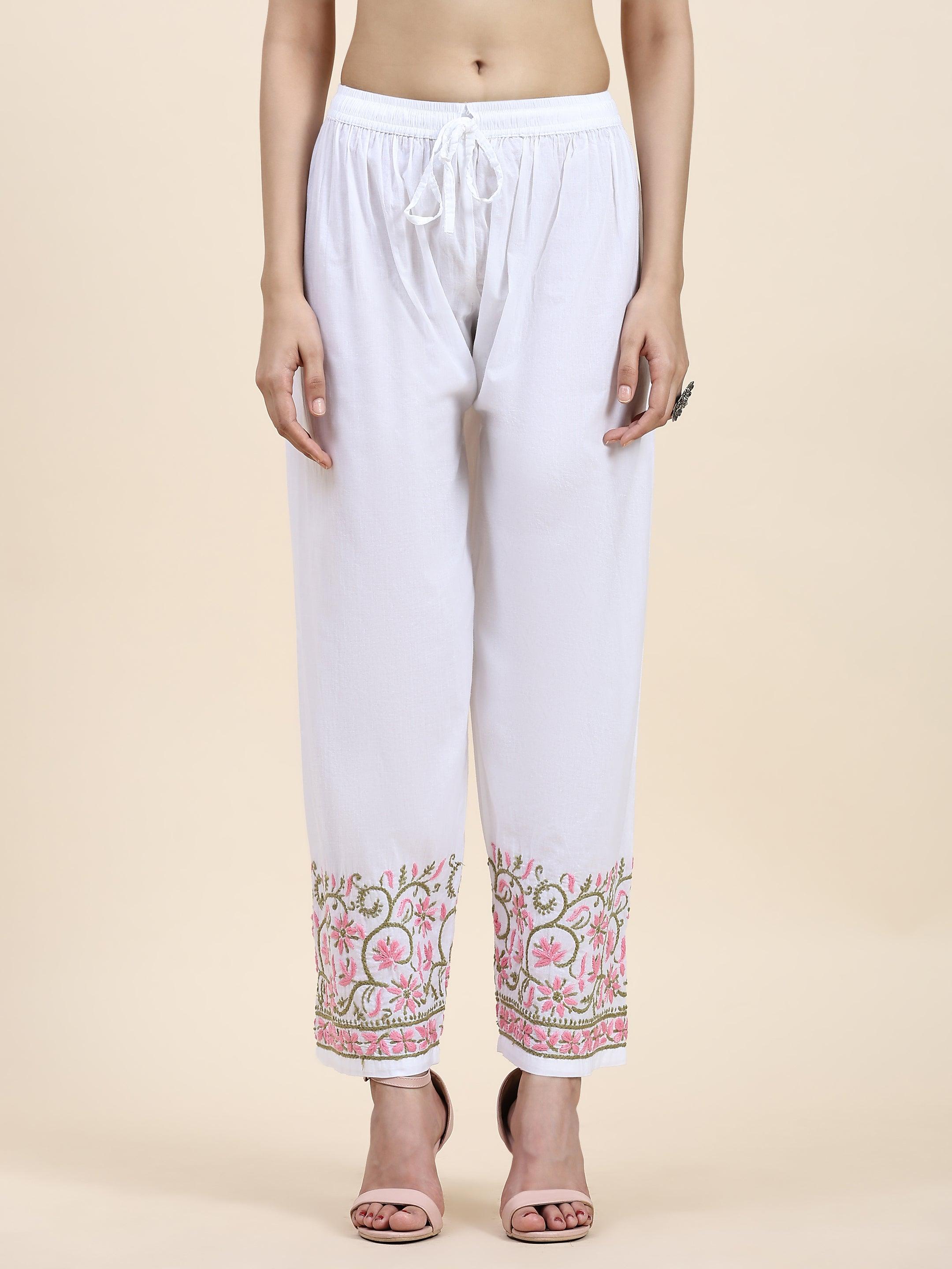 Samma Chikankari Hand Embroidery Cotton Pants for Women - Multi-Color Traditional Indian Trousers for Casual Wear & Festive Occasions