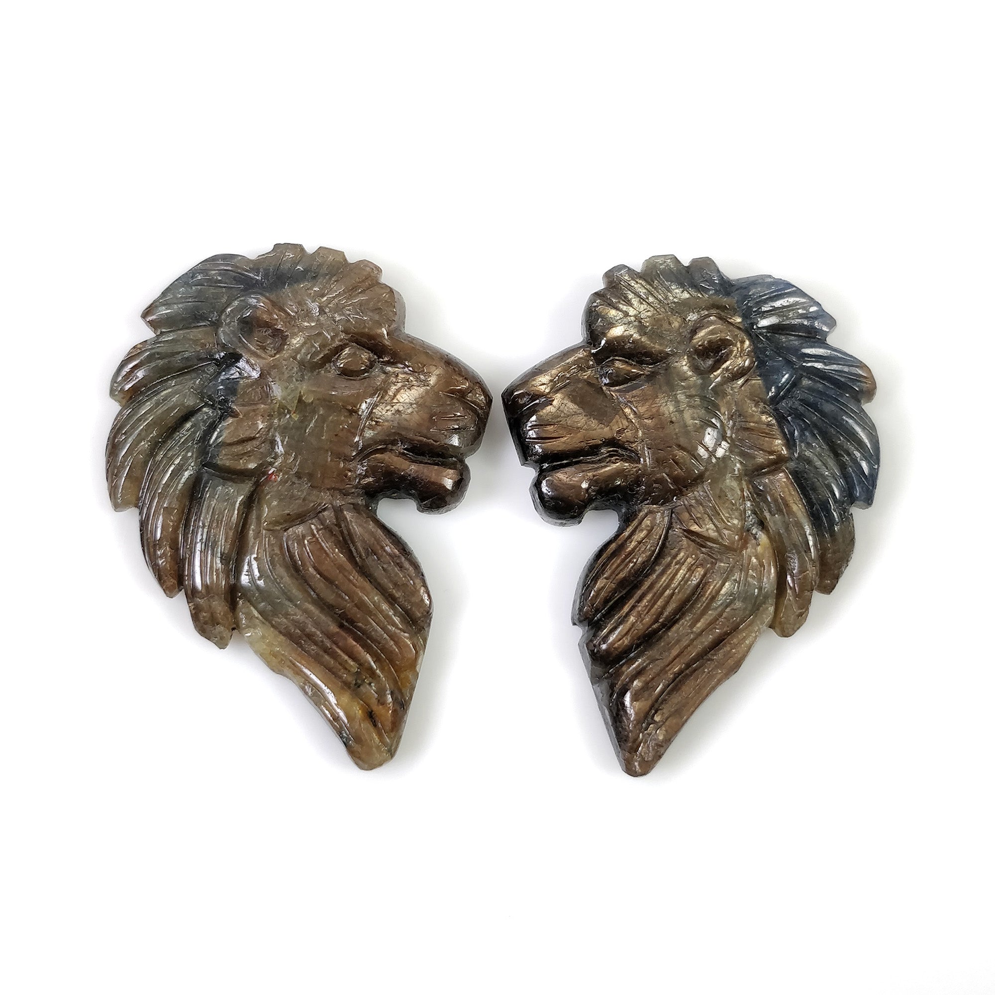 Natural Untreated Golden Brown Chocolate Blue Sapphire Gemstone - 82.95cts Hand Carved Lion Face (37x26mm) September Birthstone Pair - Perfect for Jewelry Making, Birthstone Gifts & Gemstone Collections