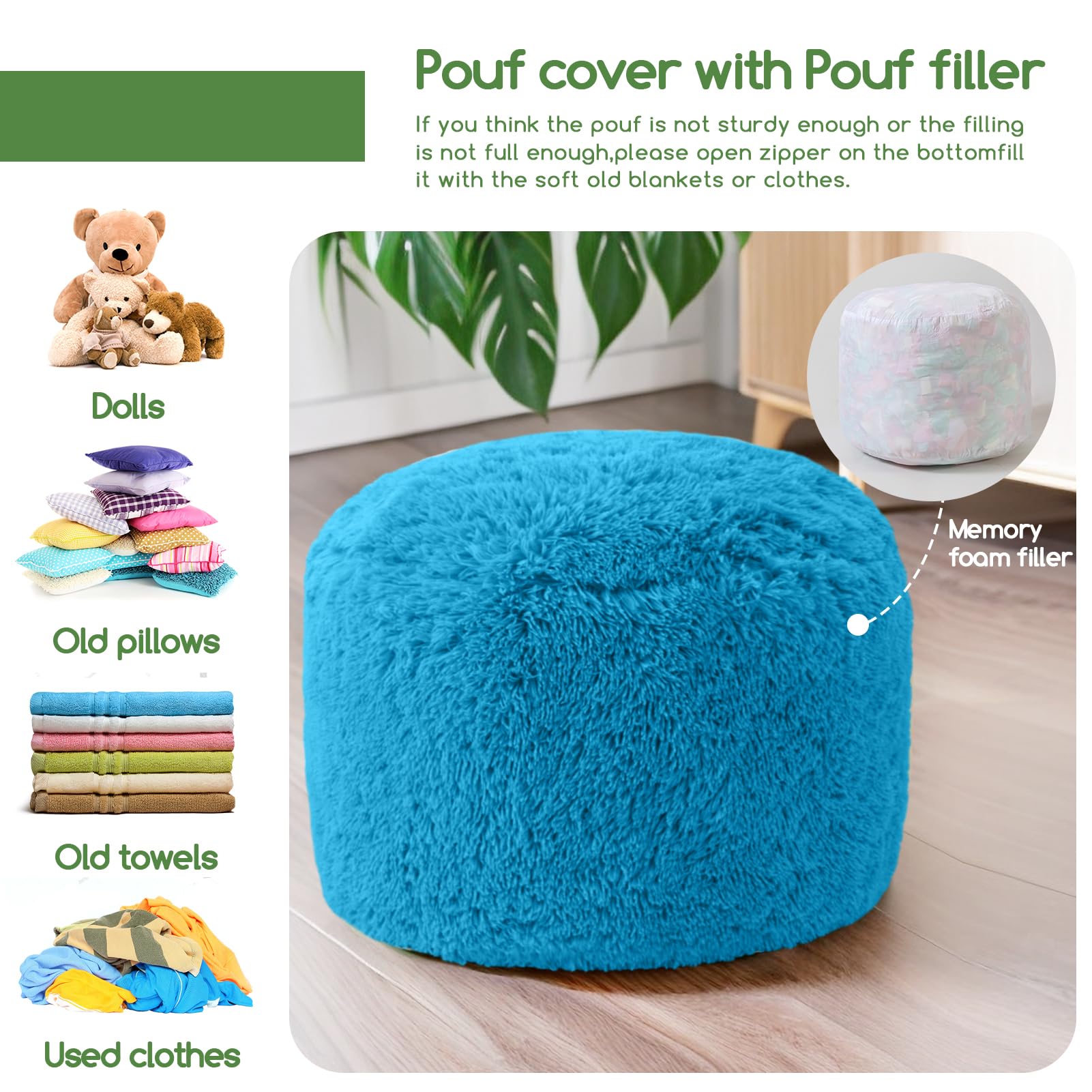 MAXYOYO Round Stuffed Pouf Ottoman - Long Faux Fur Footrest with Foam Chunk Filling, Blue - Perfect for Living Room, Bedroom & Nursery Decor