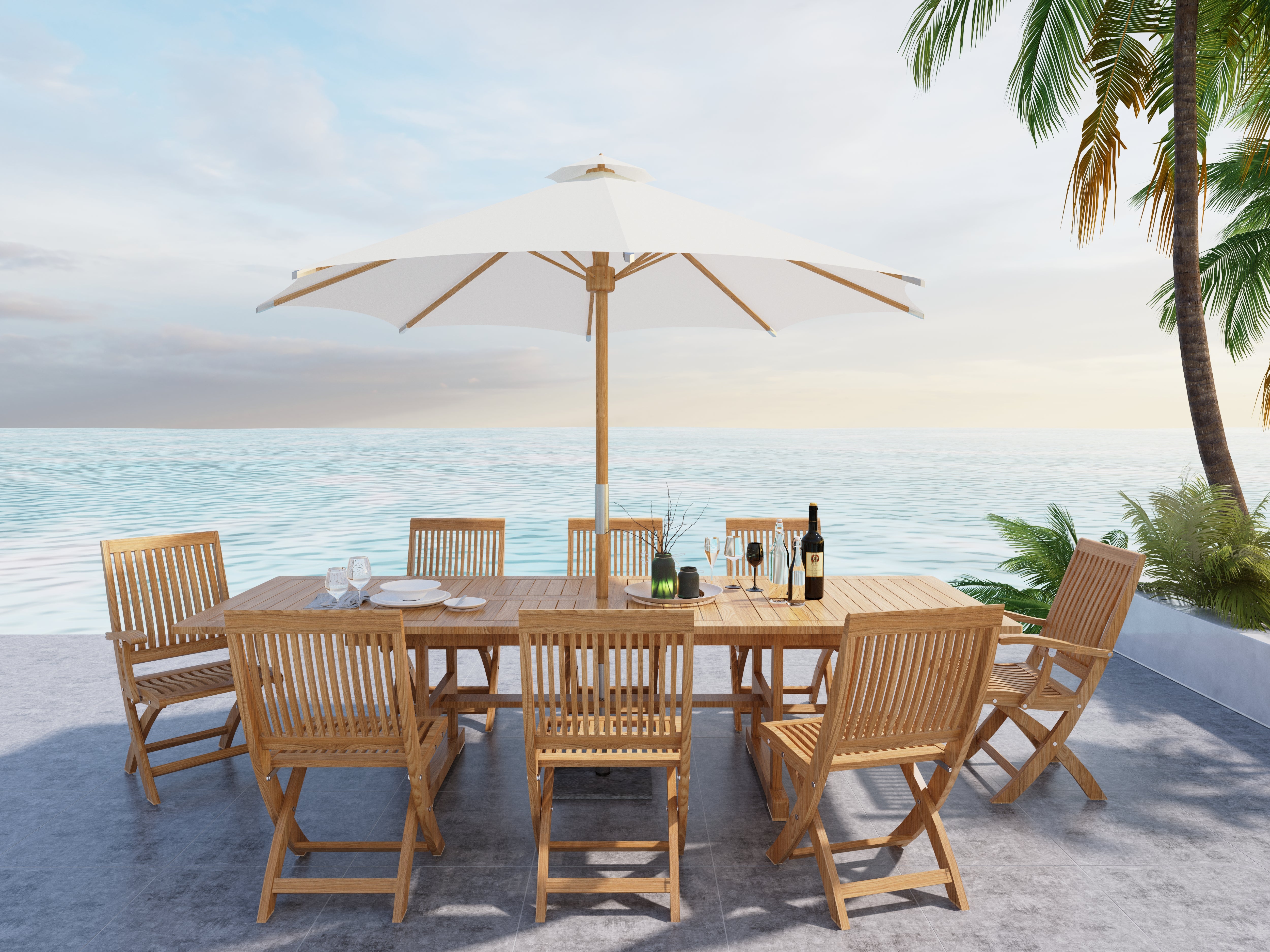 Premium 9-Piece Rectangular Teak Outdoor Dining Set with Extendable Table & Folding Chairs - Patio, Garden, Backyard Furniture for Entertaining & Al Fresco Dining