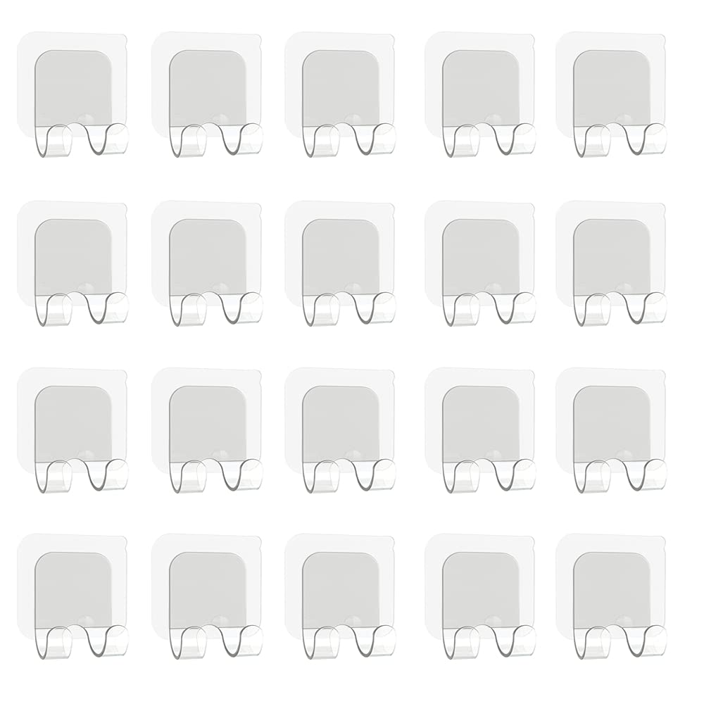 20 Pack Clear Adhesive Hooks - No Nail Plastic Wall Hooks for Bathroom, Kitchen & Office - Reusable Sticky Hangers for Towels, Toothbrush, Razor & More - Strong Double-Sided Adhesive for Damage-Free Hanging