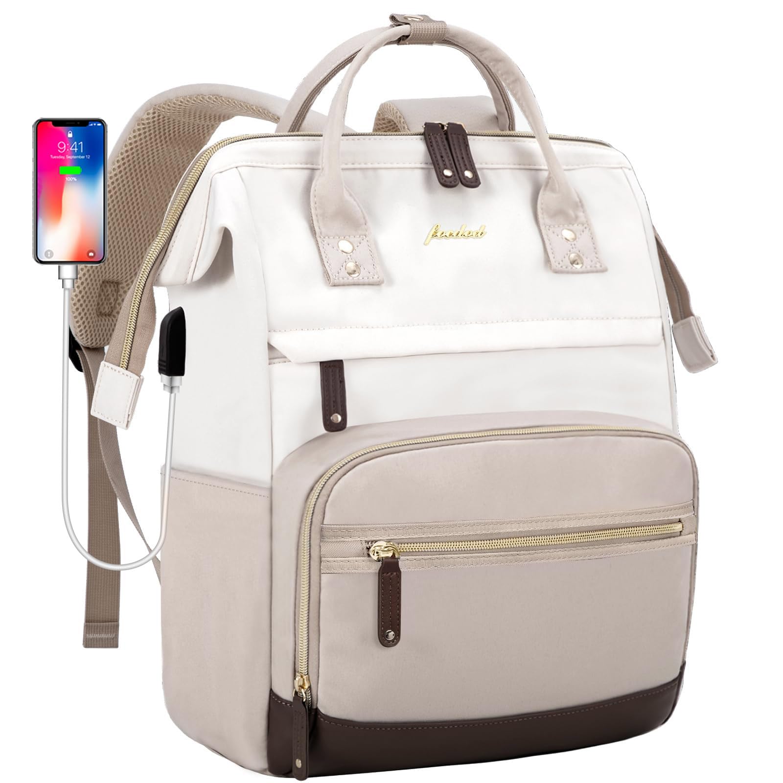 Women's 17 Inch Laptop Backpack - Waterproof Work Bag with USB Charger & Anti-Theft Design for Nurse, Teacher & College Students | Business Travel, Commuting & Daily Use (Beige, Khaki, Brown)