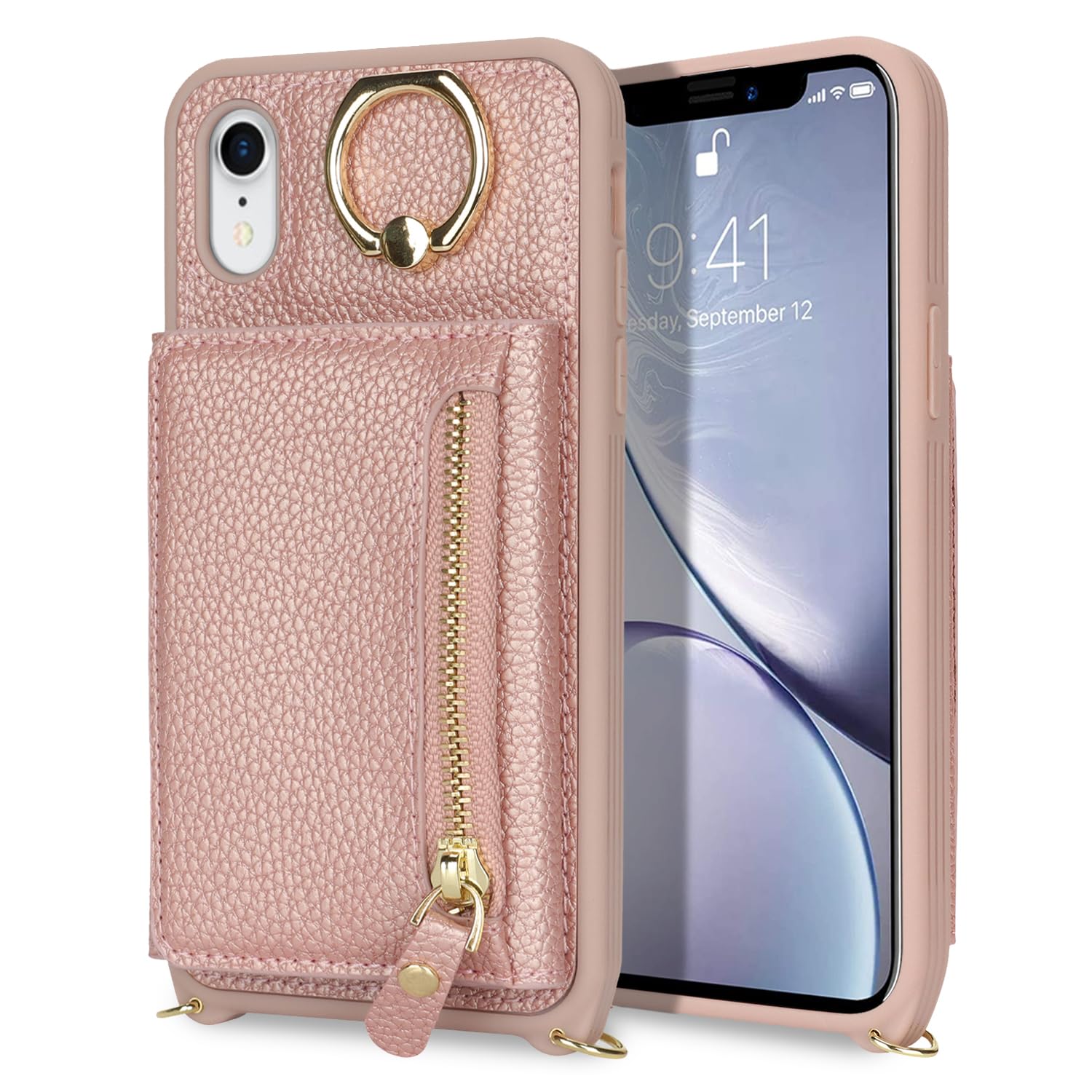 Premium Leather iPhone XR Case with Card Holder & Crossbody Strap - Wallet Phone Case for Women with Zipper Pocket & Stand Ring (Rose Gold) - Perfect for Travel, Shopping & Everyday Use