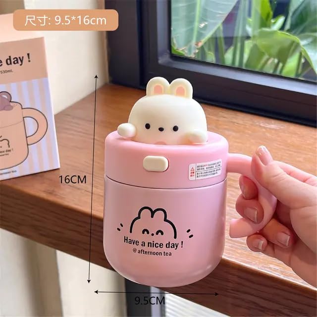 Cute Bunny Bear Stainless Steel Double Walled Vacuum Insulated Leak-Proof 530ml Straw Tumbler - Pink | Kids Travel Cup, School Water Bottle, Gift for Girls & Boys