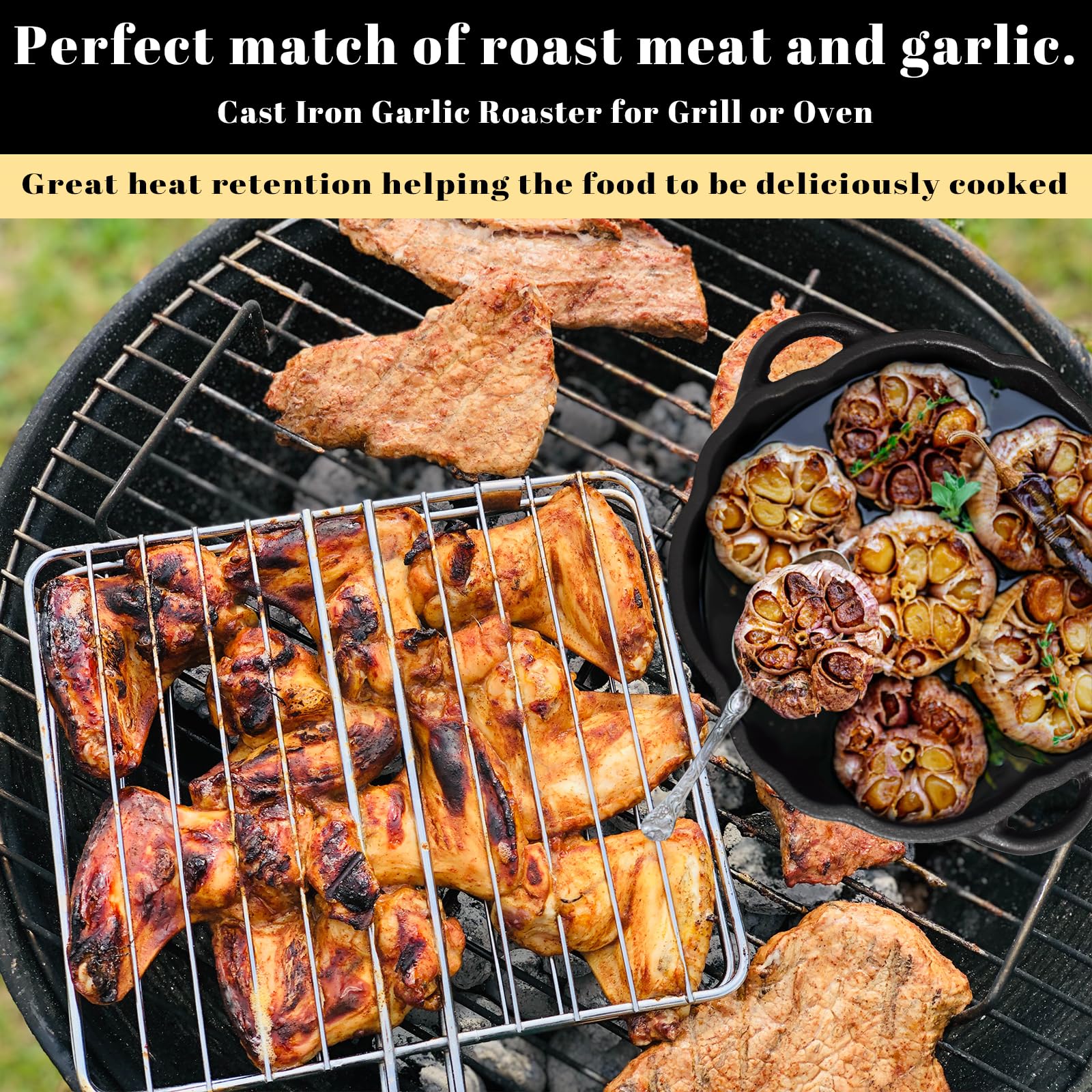 Cast Iron Garlic Roaster for Kitchen, Oven, Grill - Indoor & Outdoor Garlic Baker Tool for BBQ, Picnic, Camping, Patio & Backyard Cooking - Perfect for Roasting Garlic Cloves with Olive Oil