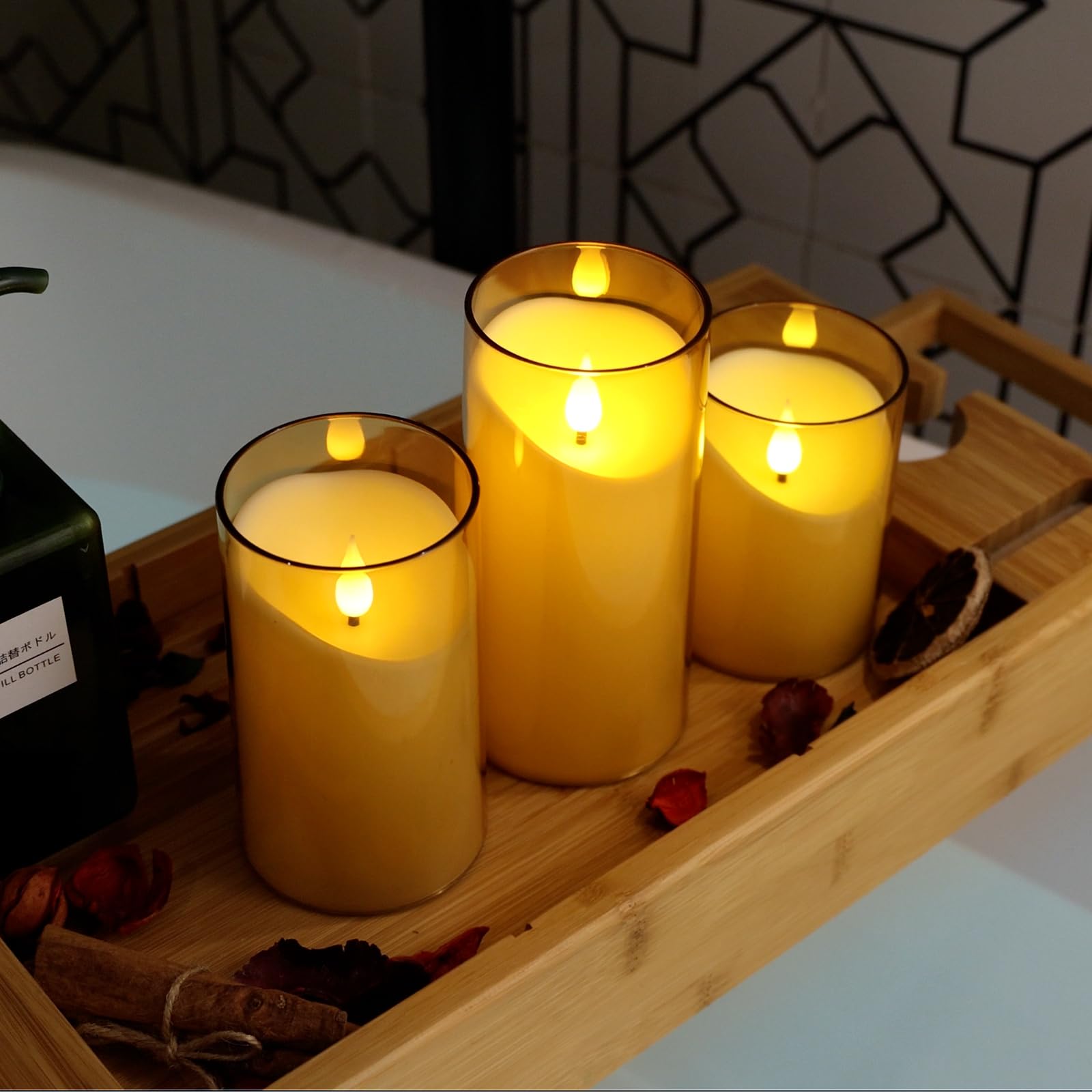 NURADA Flameless LED Candles - 3D Wick Battery Operated Fake Candles Set of 3 Gold Pillar Candles for Home Decor, Wedding, Party & Romantic Ambiance - Safe Acrylic Decorative Candles for Table Centerpiece, Fireplace & Bedroom Lighting