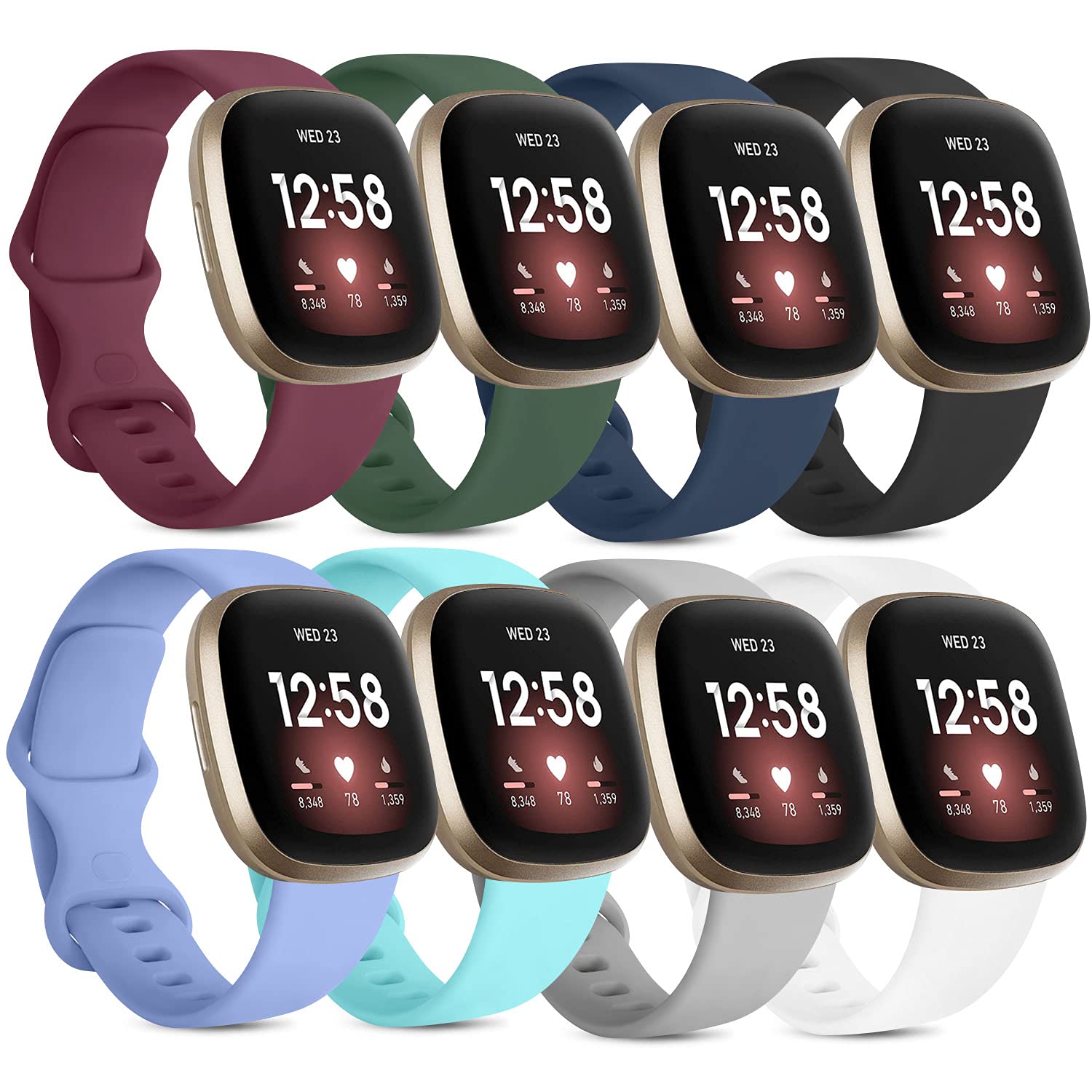 8 Pack Silicone Replacement Bands for Fitbit Versa 3 & Sense - Soft Sport Wristbands for Women & Men (Large Size) - Perfect for Workouts, Running & Daily Wear