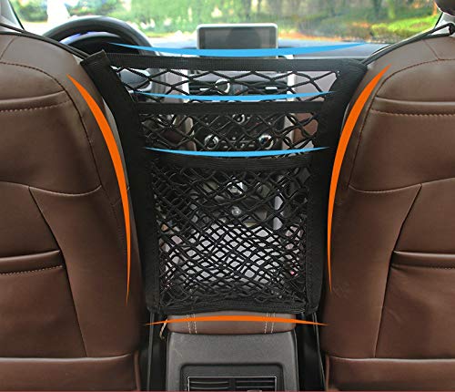 Topteng Car Seat Organizer - Elastic Mesh Storage Pocket with Trash Bin, Multi-Layer Car Organizer for Seat Gap Storage (Perfect for Road Trips, Family Travel & Daily Commute)